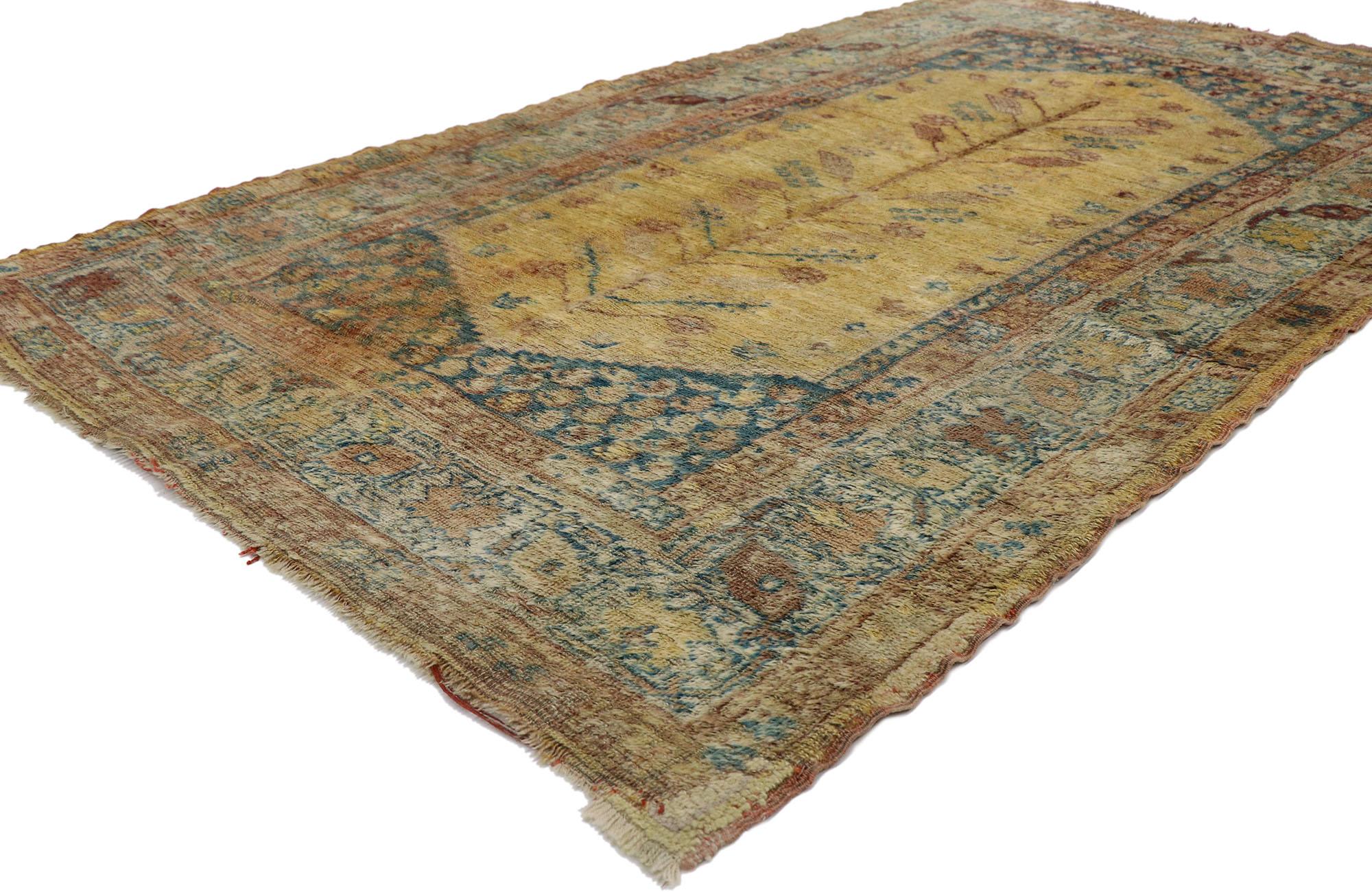 73610, distressed antique Turkish Oushak rug with Modern Mediterranean and Italian Tuscan style. ??Emanating timeless elegance and warm, earthy colors, this hand knotted wool distressed antique Turkish Oushak rug beautifully embody a modern