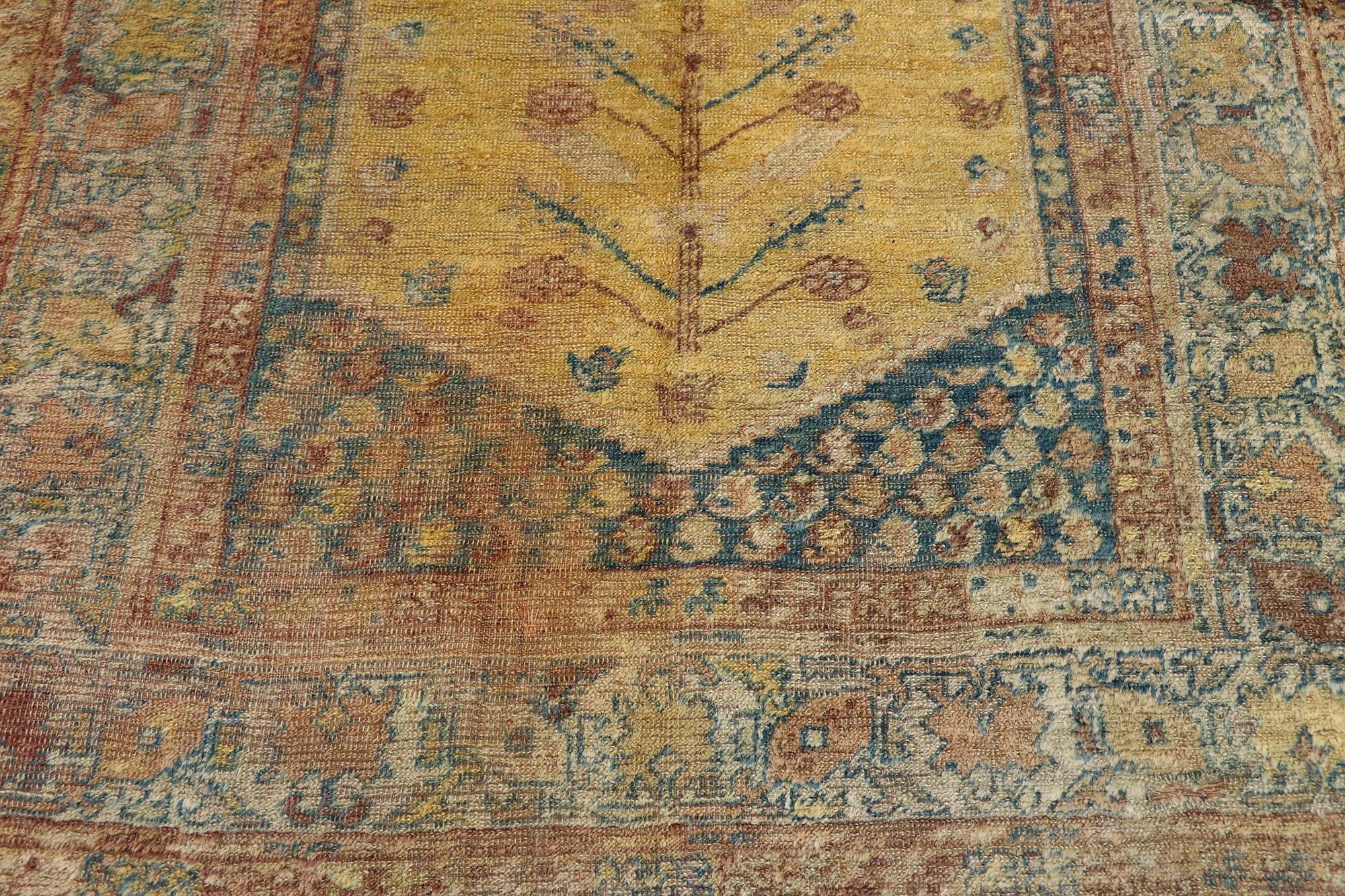 Antique Turkish Oushak Rug with Modern Mediterranean and Italian Tuscan Style In Distressed Condition For Sale In Dallas, TX