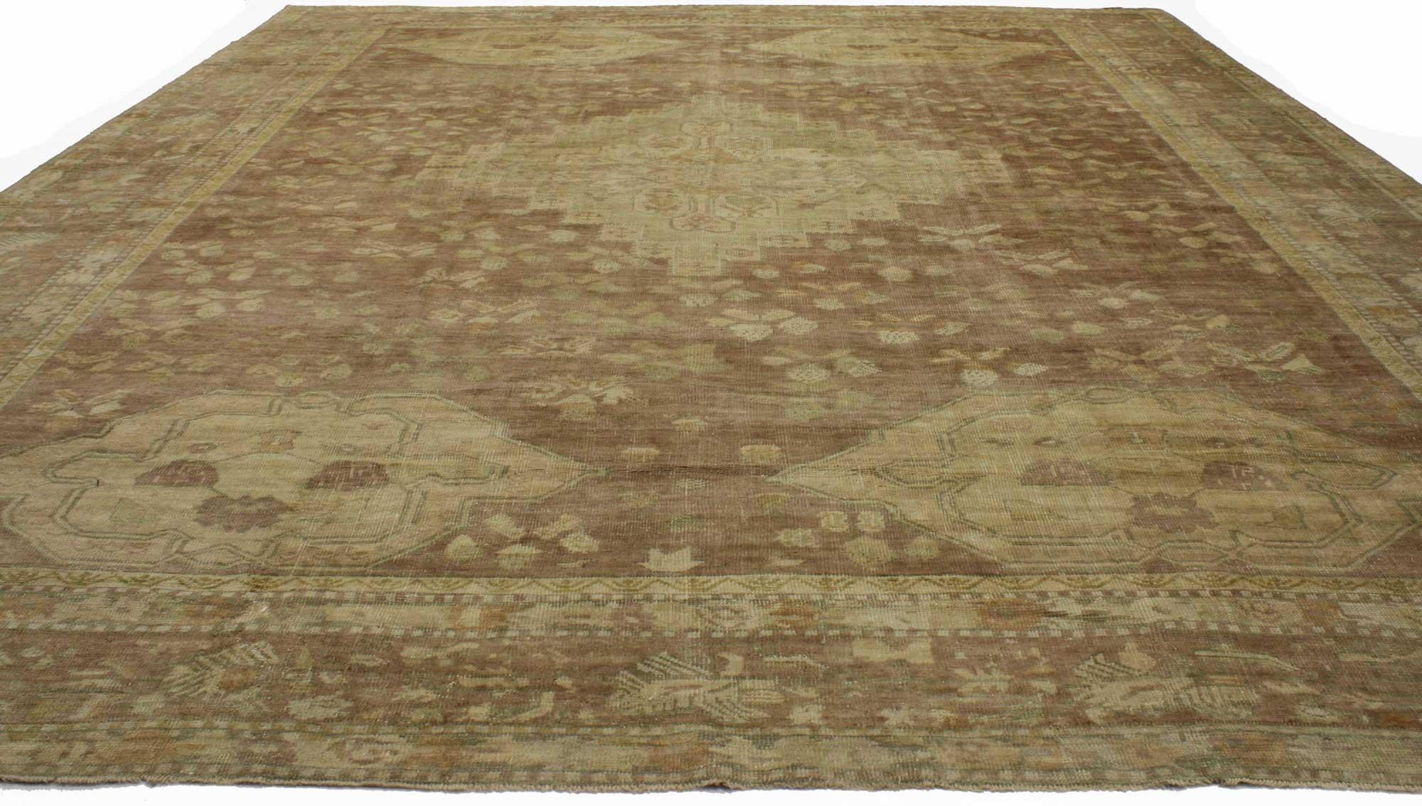 Hand-Knotted Oversized Antique Turkish Oushak Rug, Earth-Tone Elegance Meets Timeless Style For Sale