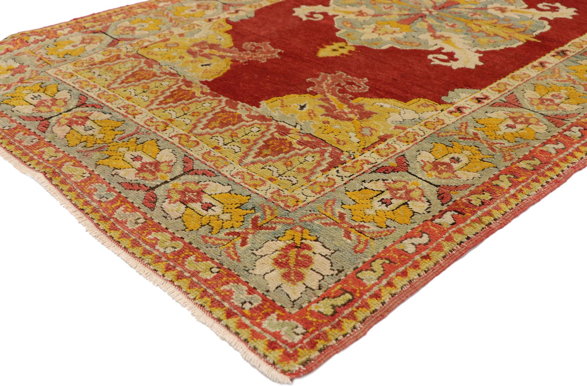 73867, antique Turkish Oushak rug with modern Spanish Jacobean style 03'03 x 06'00. With its striking appeal and saturated color palette, this hand knotted wool antique Turkish Oushak rug was inspired by the Folk Art of eastern Turkey. A vibrant
