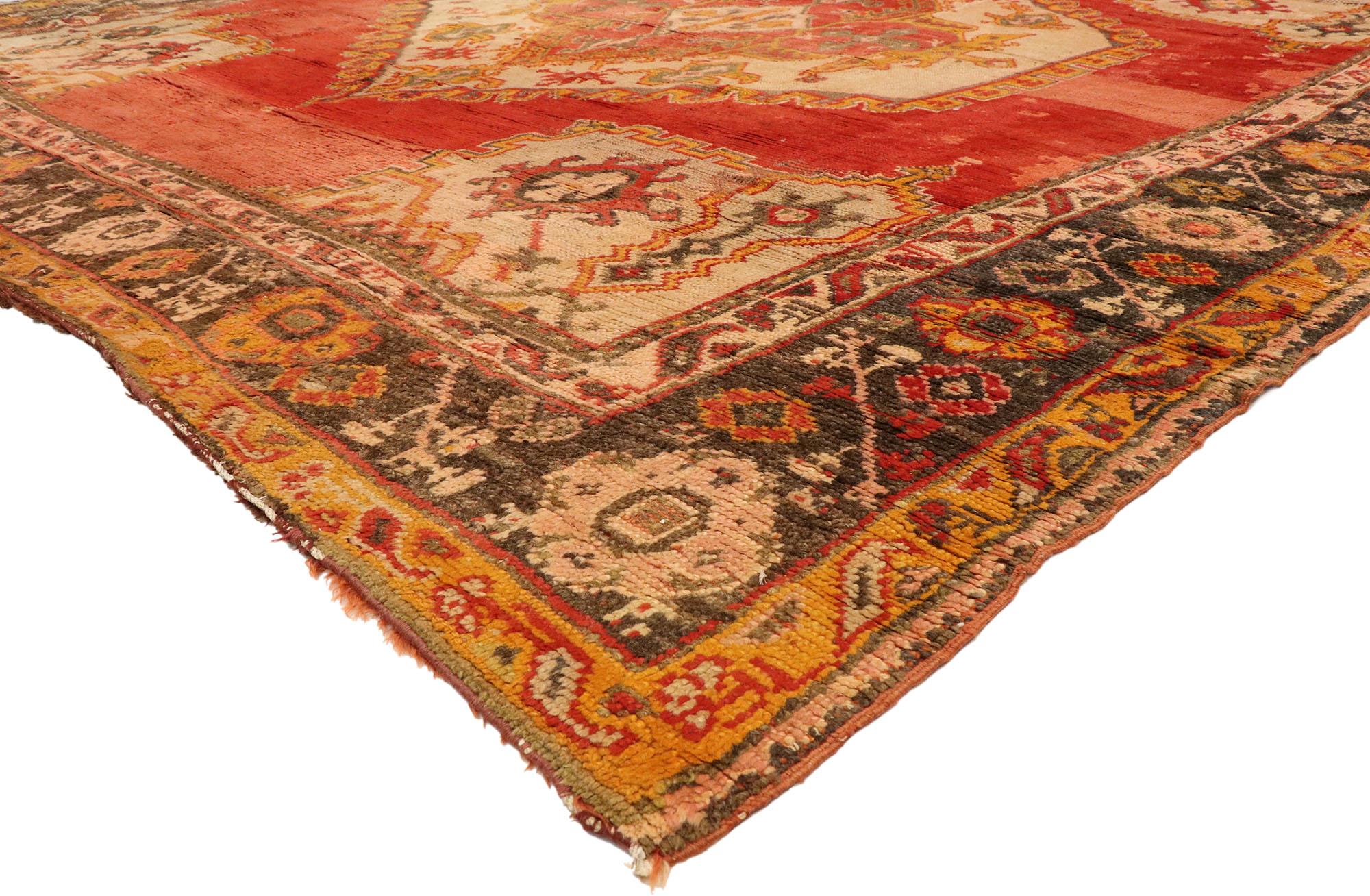 76859 Antique Turkish Oushak Rug 12'01 x 13'05. With its striking appeal and saturated red color palette, this hand-knotted wool antique Turkish Oushak rug appears like a sumptuous Italian velvet, recalling the rich and luxurious design furnishings
