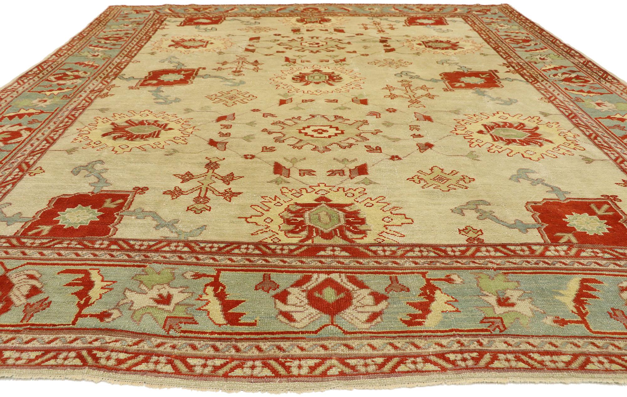 Hand-Knotted Antique Turkish Oushak Rug with Mediterranean Style For Sale