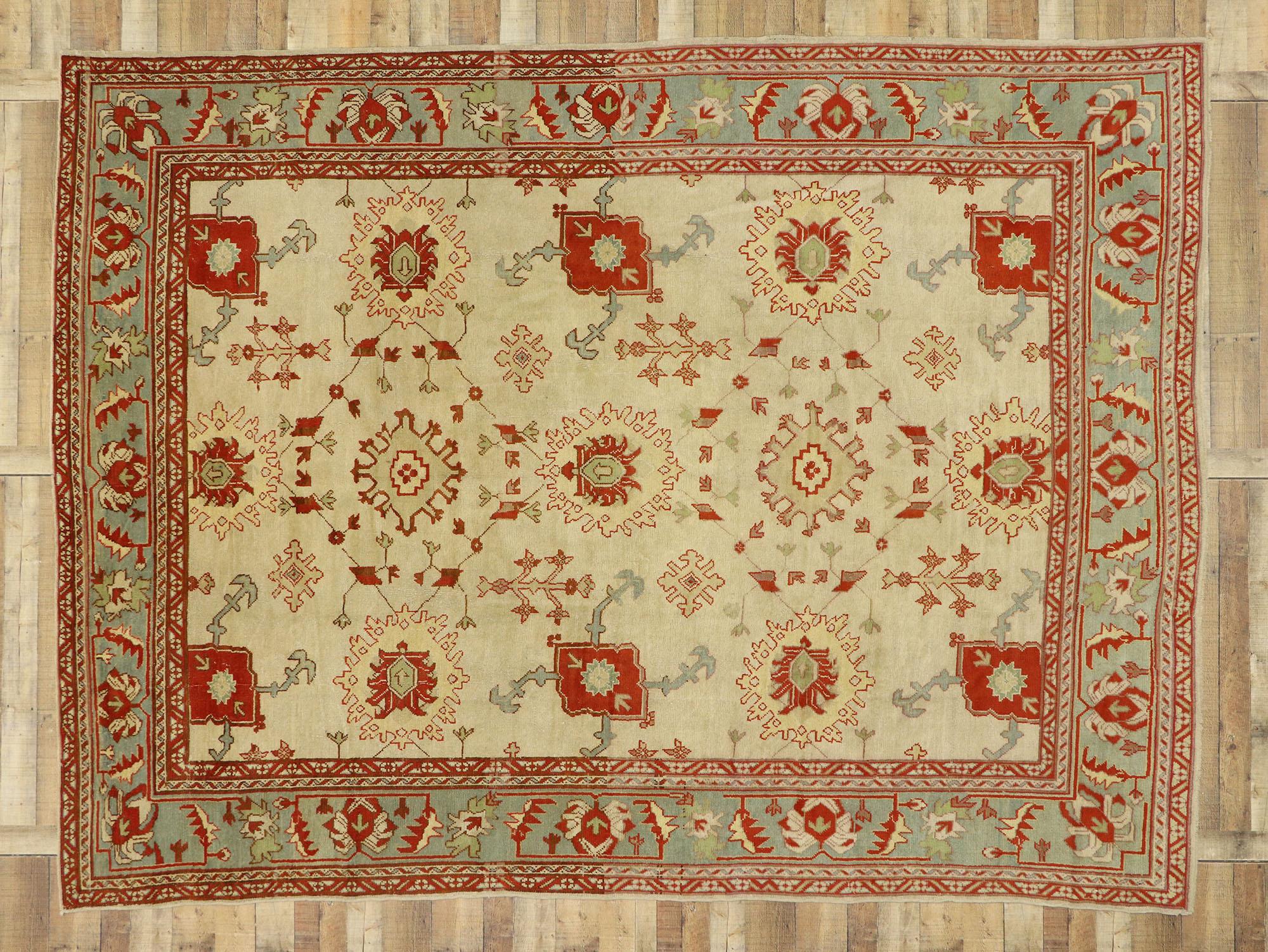 Wool Antique Turkish Oushak Rug with Mediterranean Style For Sale