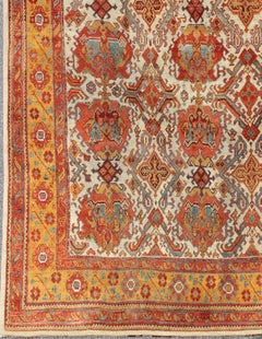Antique Turkish Oushak Rug with Multi-Medallions in Ivory, Orange, Red & Blue