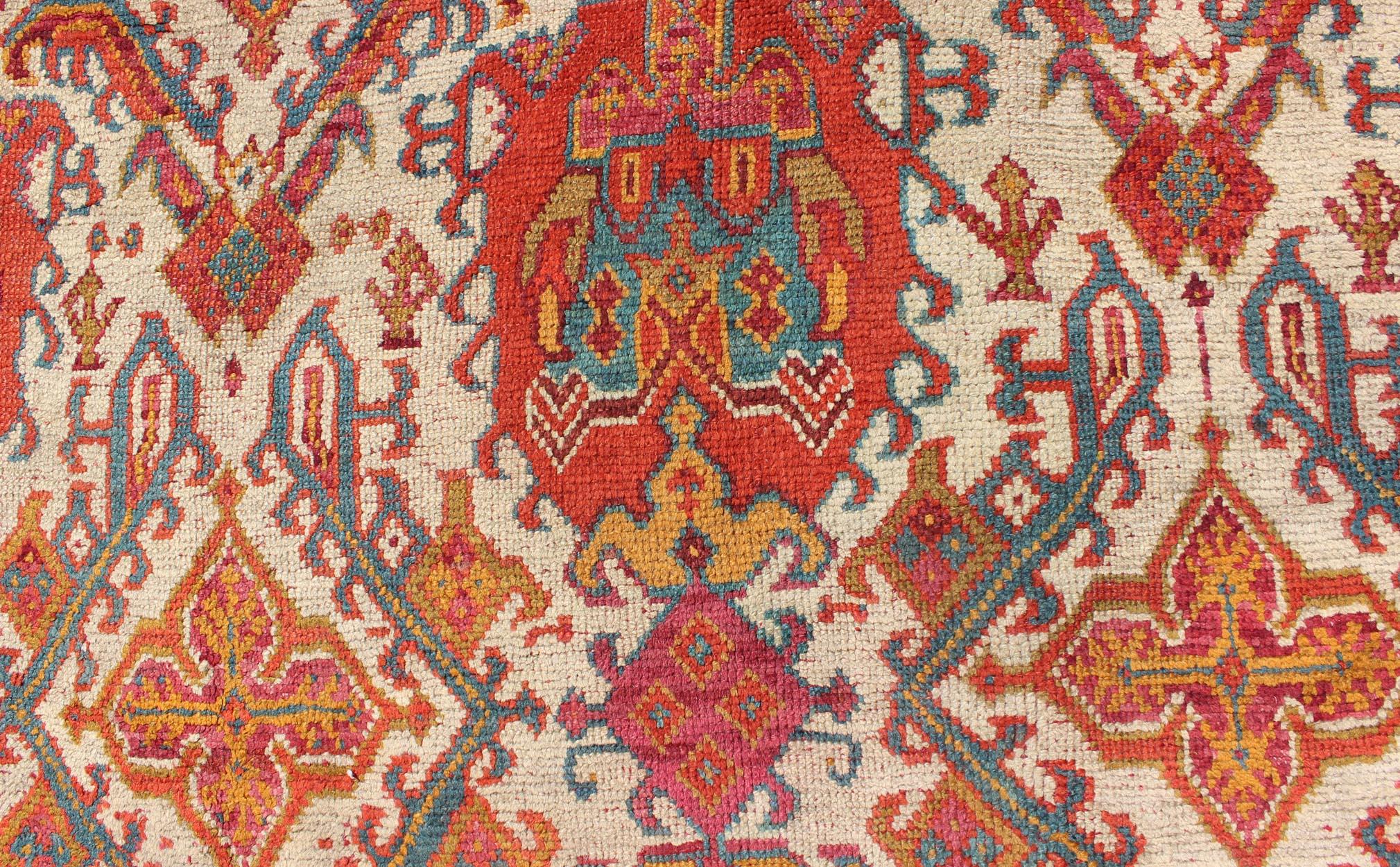 Antique Turkish Oushak Rug with Multi-Medallions in Ivory, Orange, Red & Blue For Sale 2
