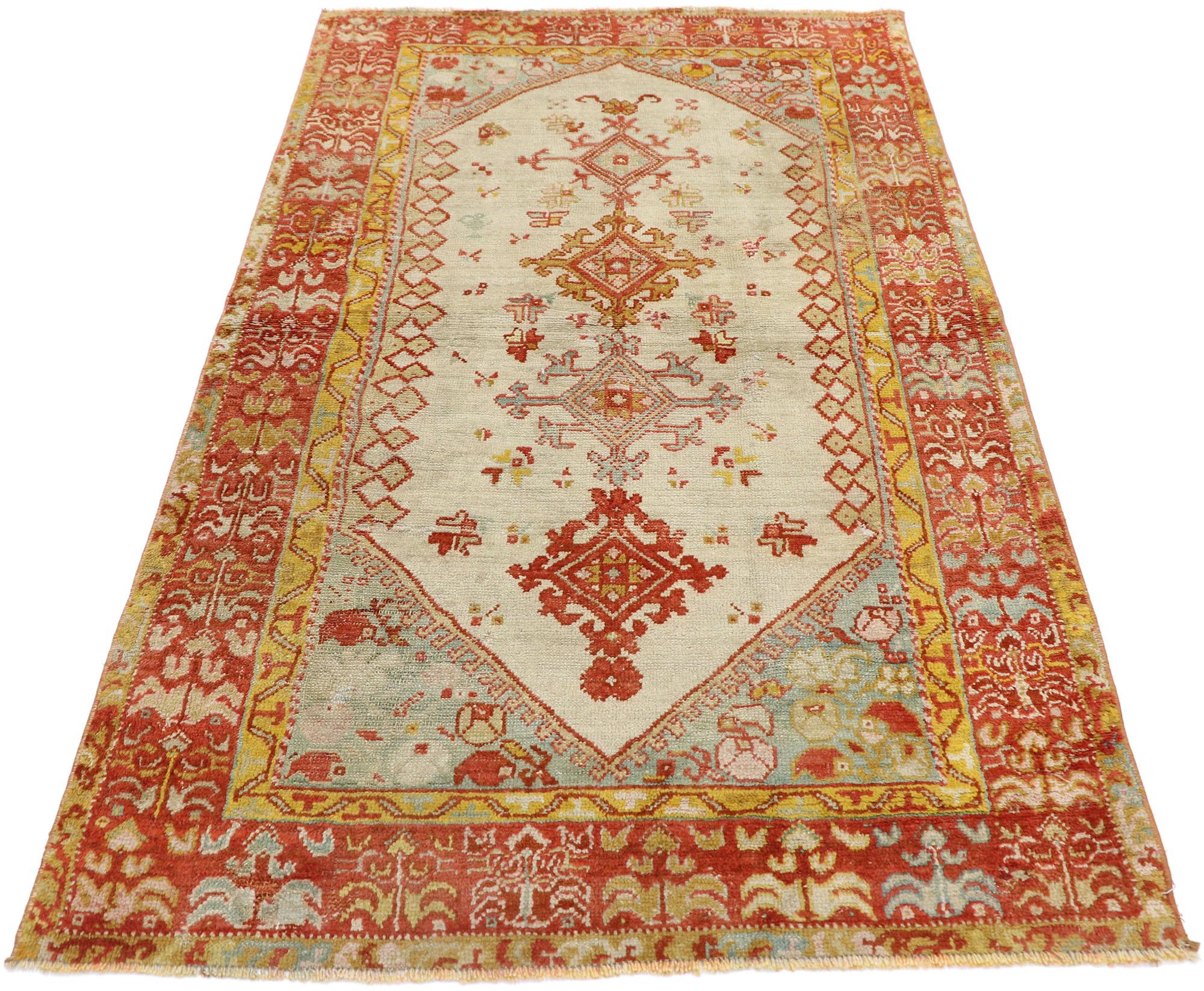 Hand-Knotted Antique Turkish Oushak Rug with Northwestern Style For Sale