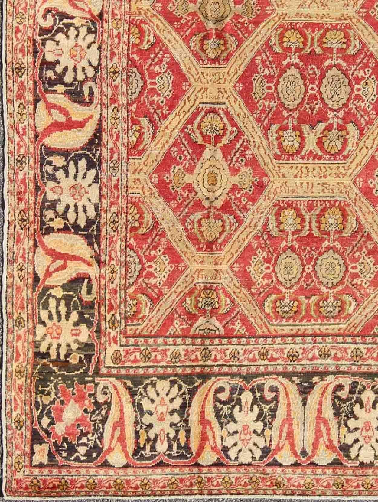 Hand-Knotted Antique Turkish Oushak Rug with Paisley Border and over All Tribal Design For Sale