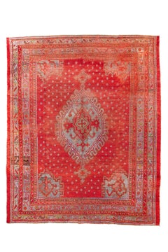 Antique Turkish Oushak Rug with Red Medallion and Soft Pastels