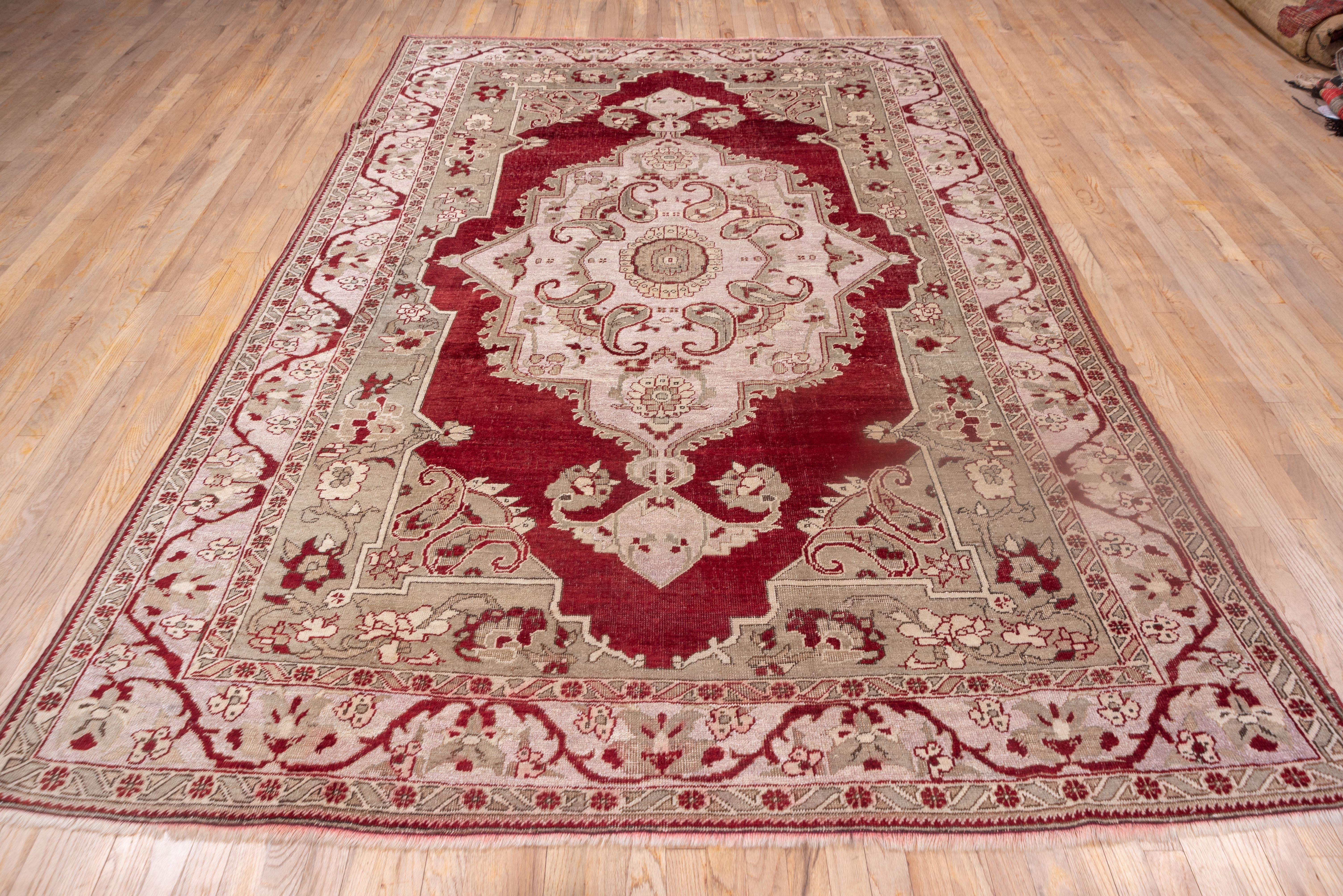 Hand-Knotted Antique Turkish Oushak Rug with Red Subfield, circa 1920s For Sale