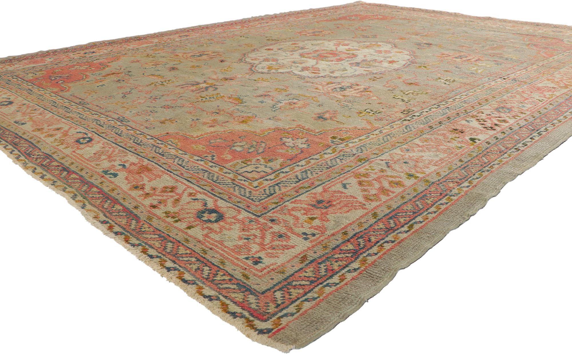 72327 Antique Turkish Oushak Rug, 08'01 X 11'00. Behold, a masterpiece of opulence and timeless allure! This meticulously hand-knotted wool antique Turkish Oushak rug, unfolds its regal charm in the Bridgerton style while embracing the essence of
