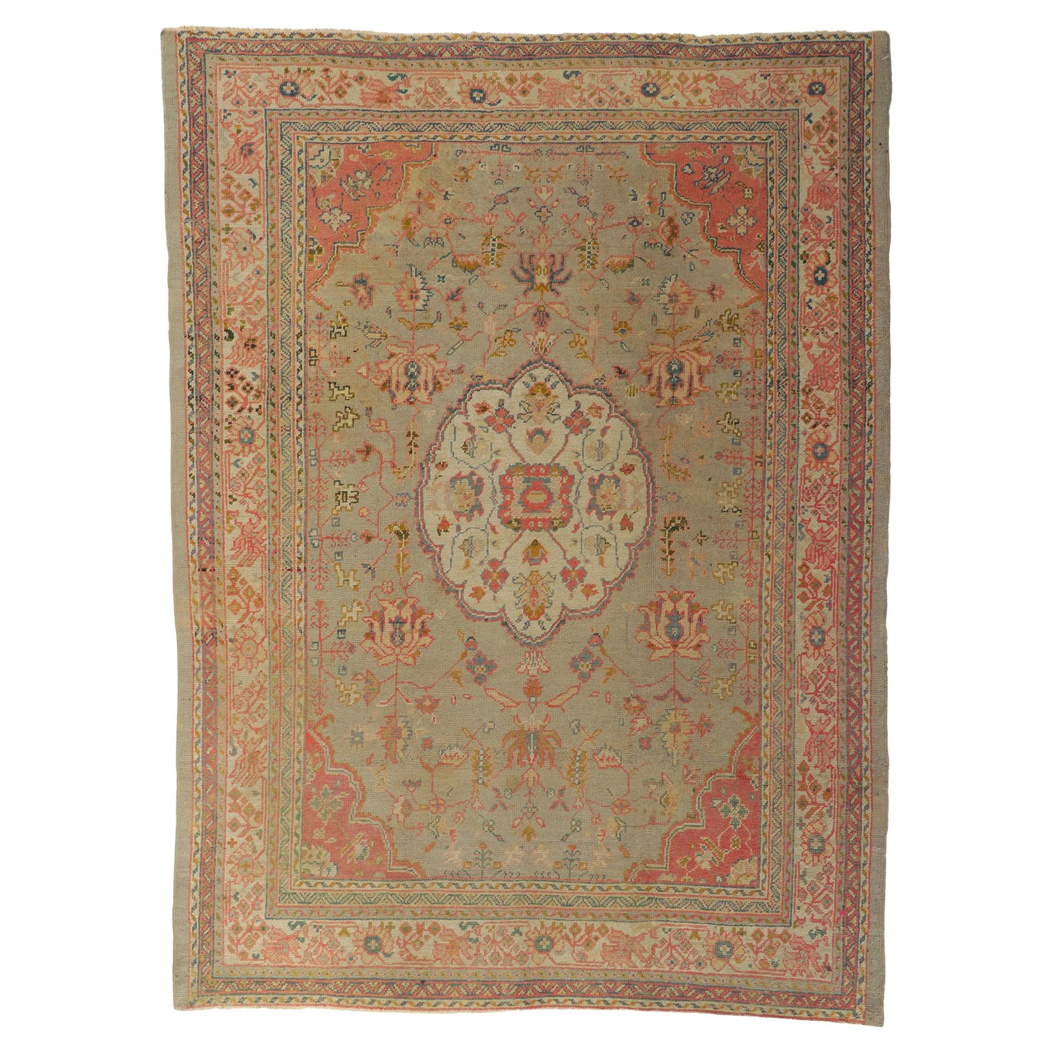 Antique Turkish Oushak Area Rug with French Provincial and Louis XIV