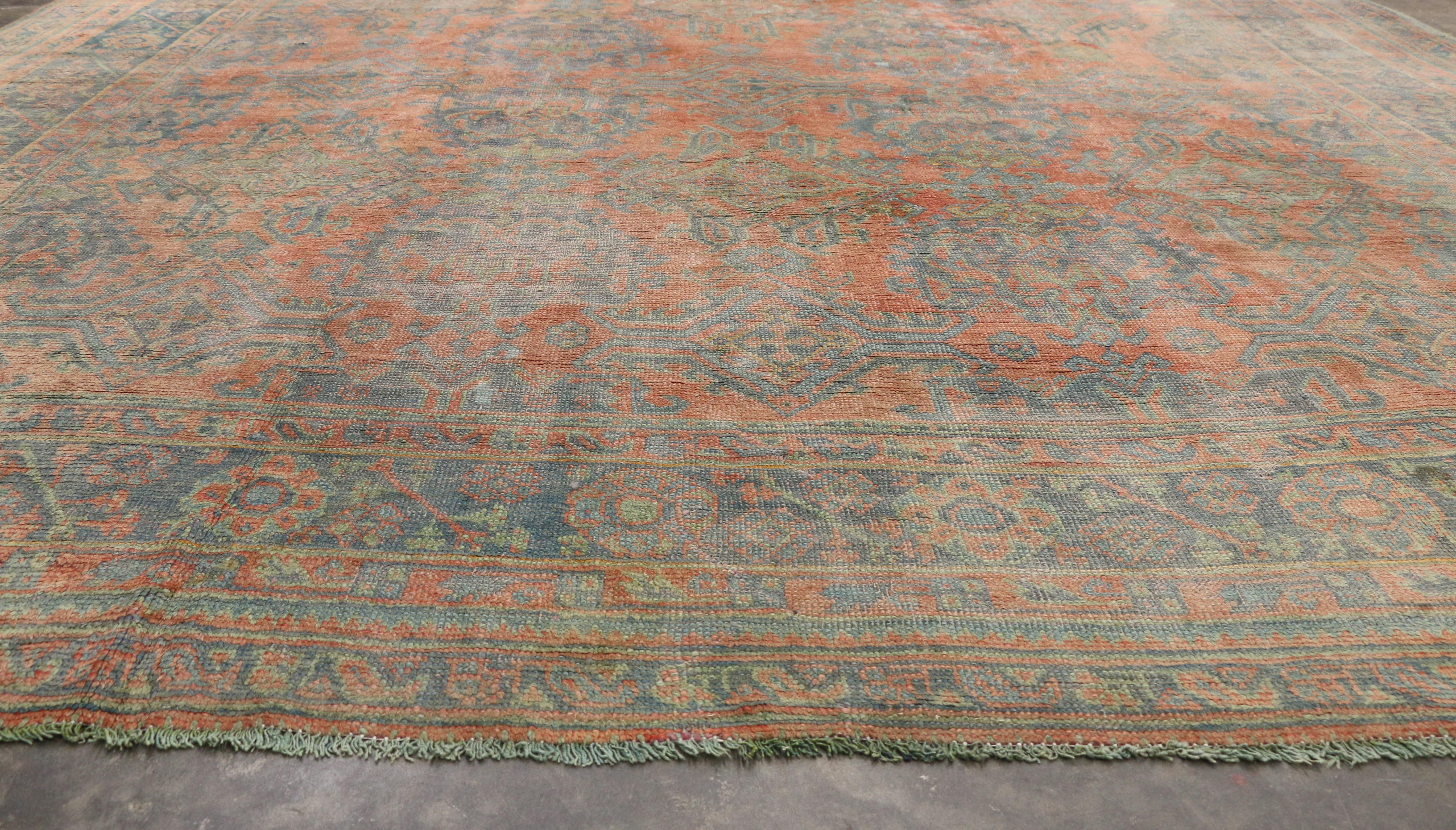 Wool Antique Turkish Oushak Rug with Rustic Aesthetic Movement Style, Palace Size Rug