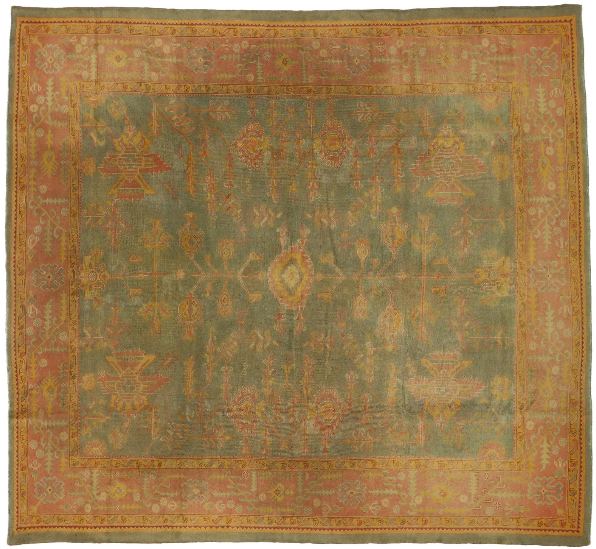 Ancien tapis turc vert d'Oushak en vente 3
