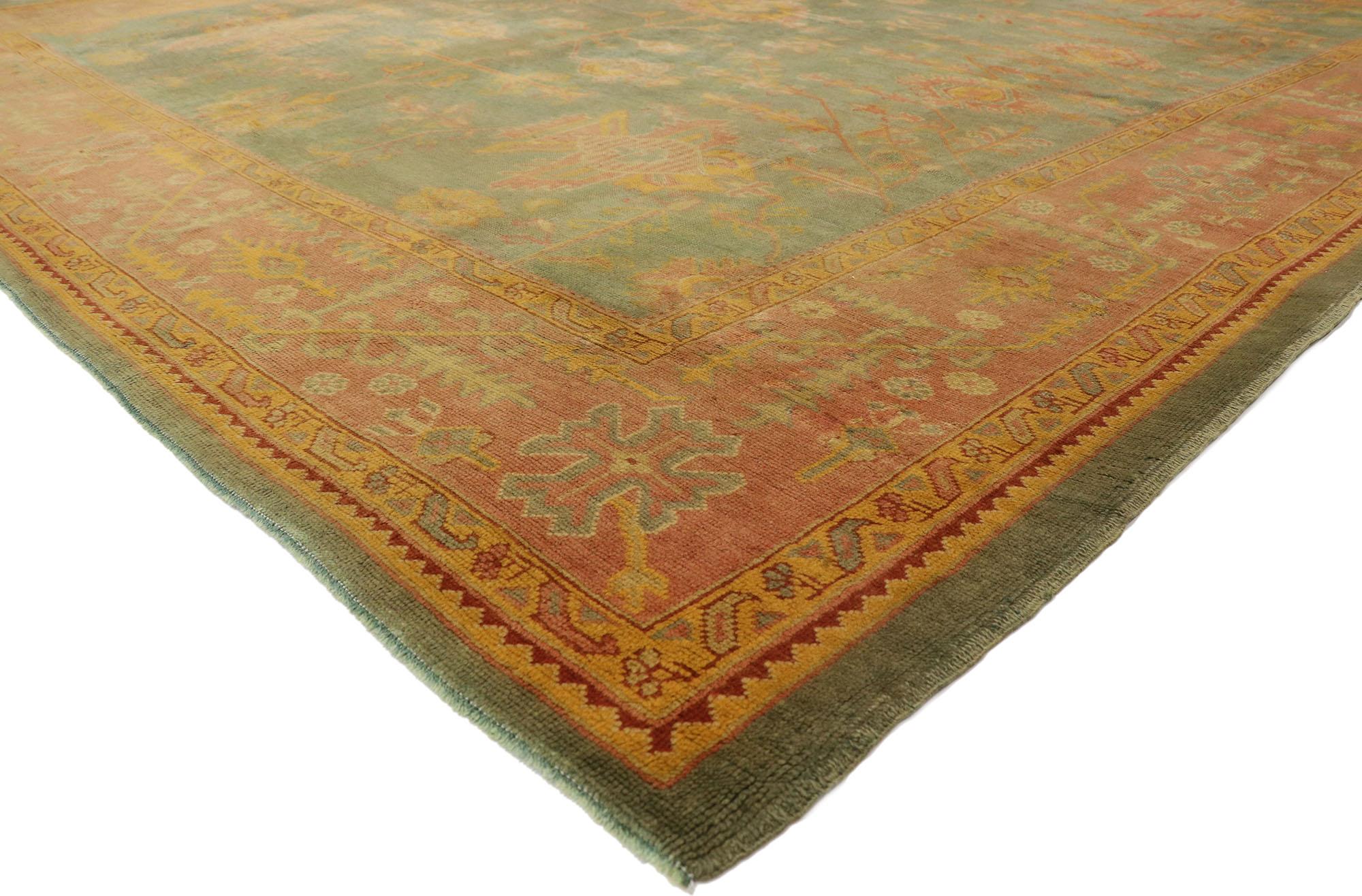 76747 Antique Turkish Oushak Rug, 10'09 x 11'09. Turkish Oushak rugs, originating from the Oushak region in Western Turkey, are renowned for their intricate designs, soft color palettes, and high-quality wool. Characterized by bold motifs, muted