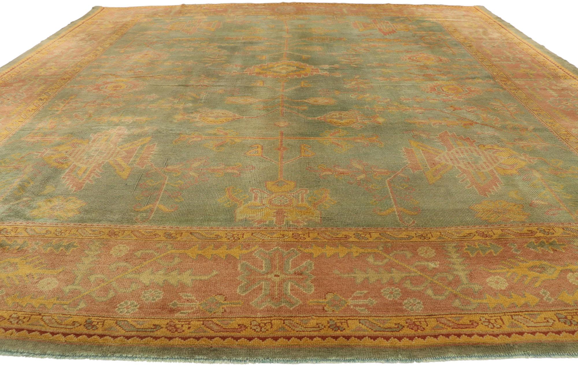 Hand-Knotted Antique Green Turkish Oushak Rug For Sale