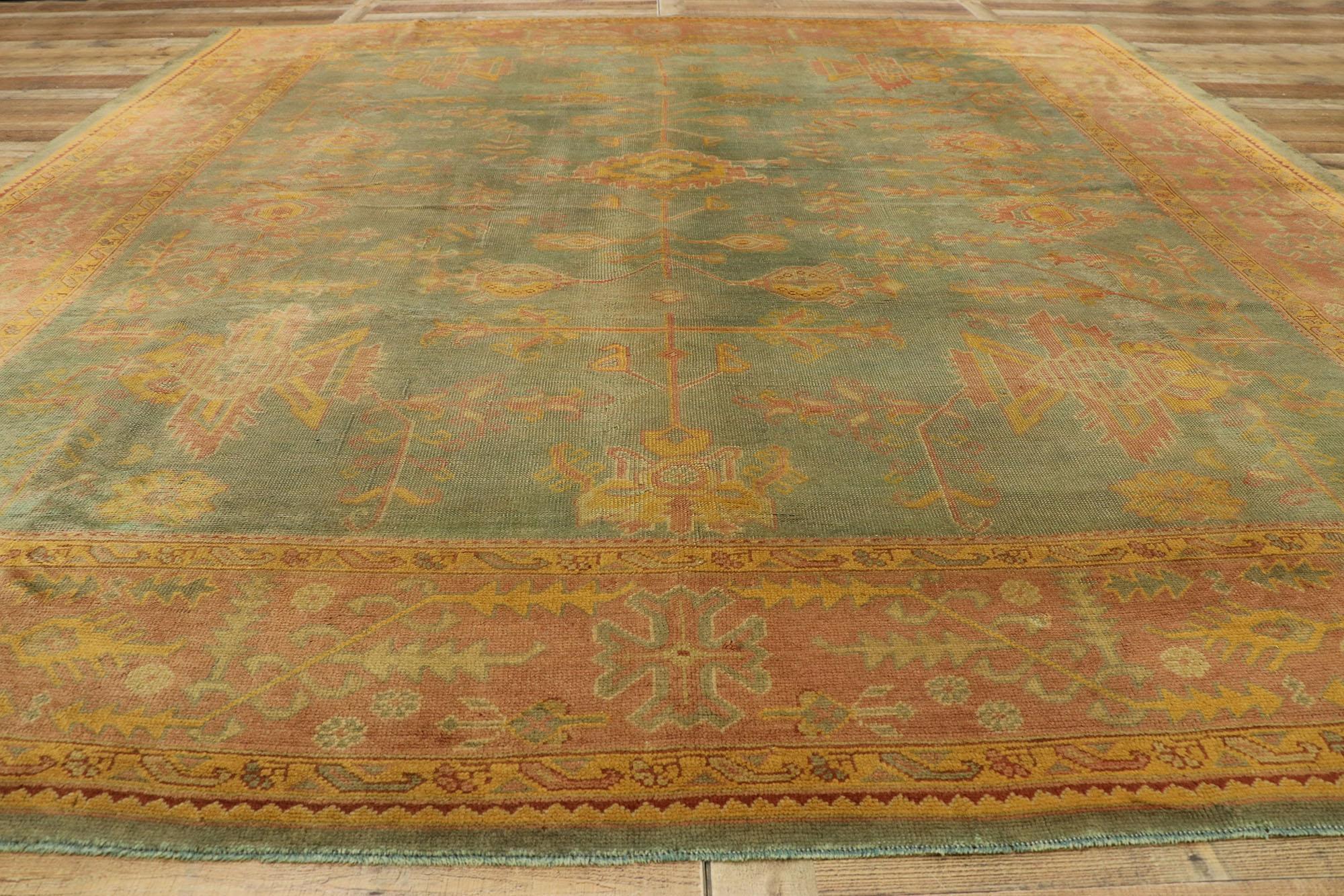 Laine Ancien tapis turc vert d'Oushak en vente