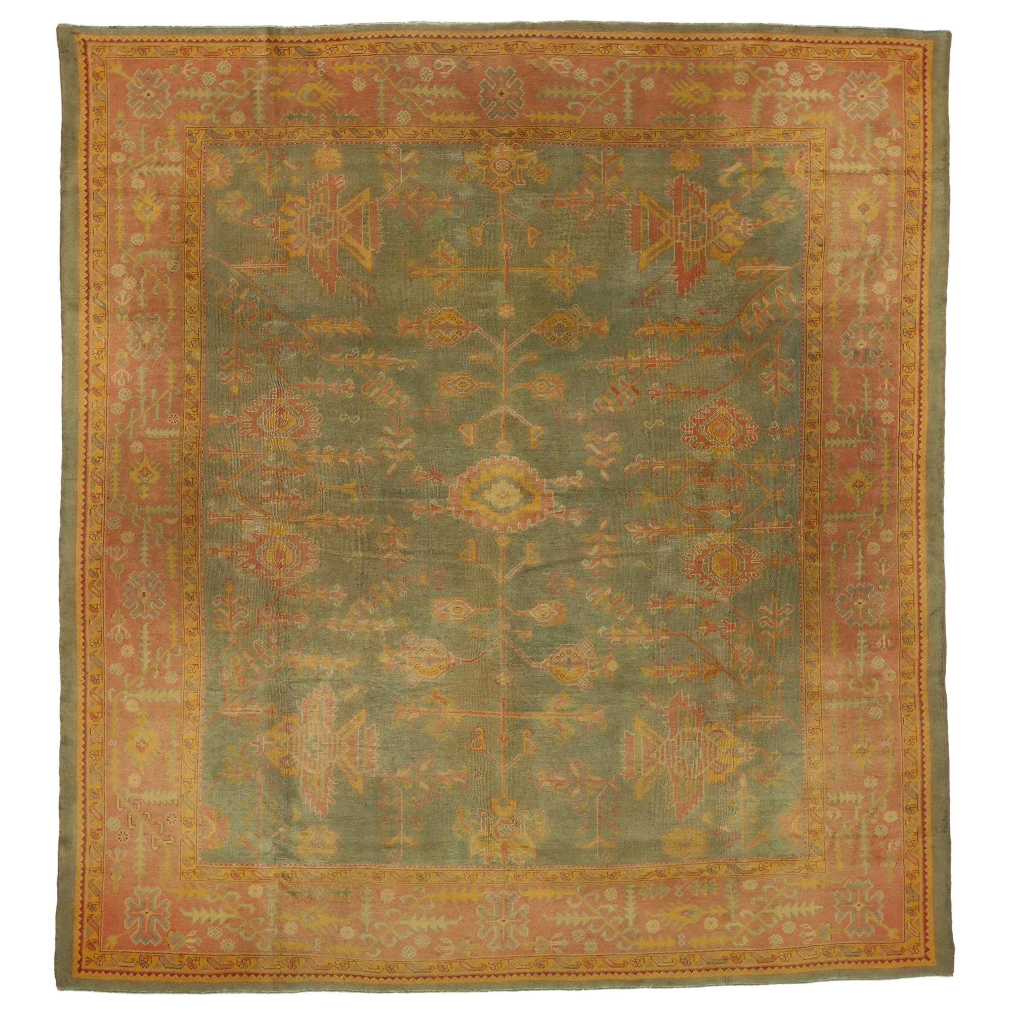 Antique Green Turkish Oushak Rug For Sale