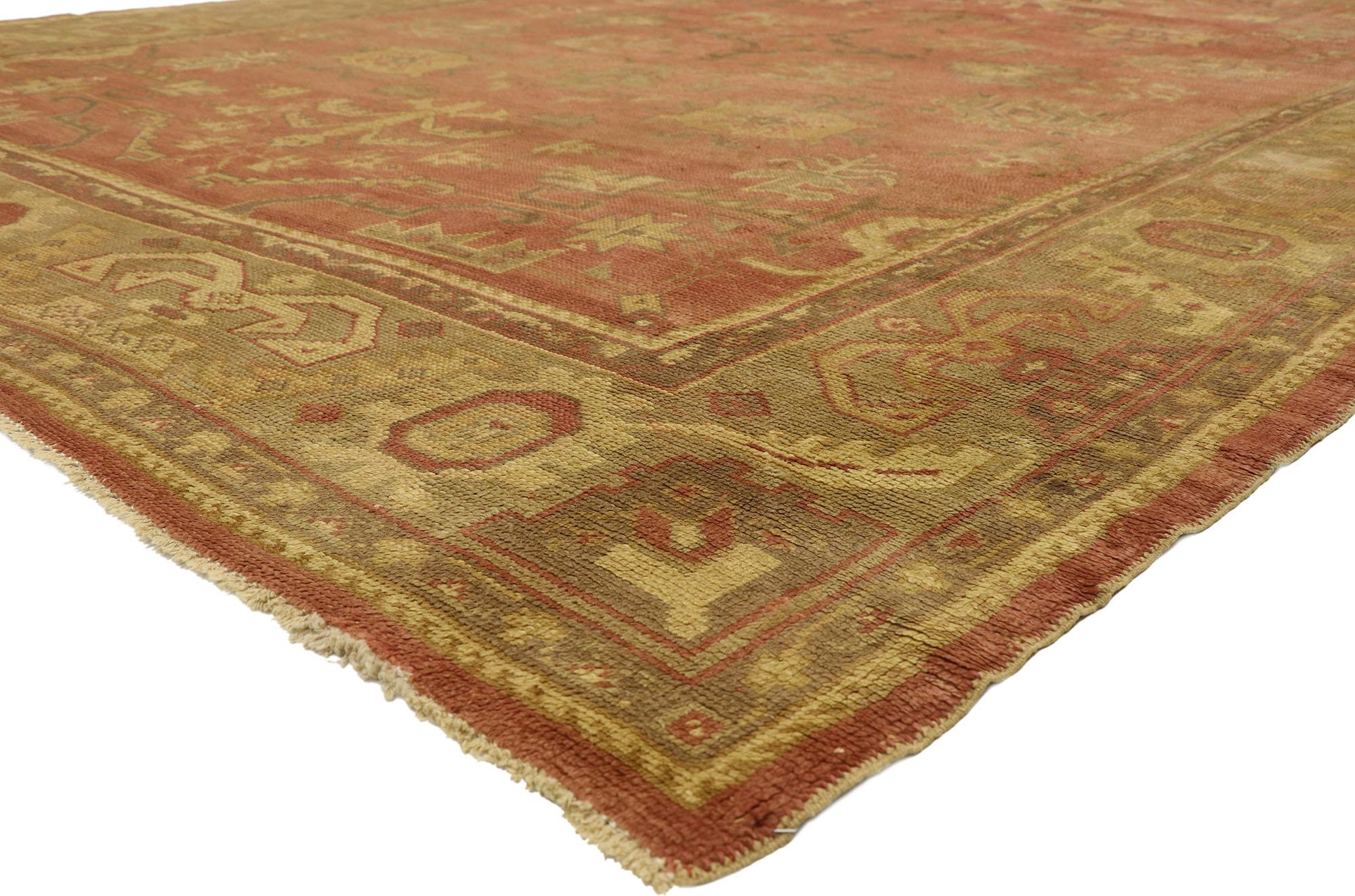 73592 Antique Turkish Oushak Rug with Rustic Belgian Arts and Crafts Style. Highlighting modern design aesthetics and understated elegance with subdued color, this hand knotted wool antique Turkish Oushak rug beautifully embodies rustic Belgian
