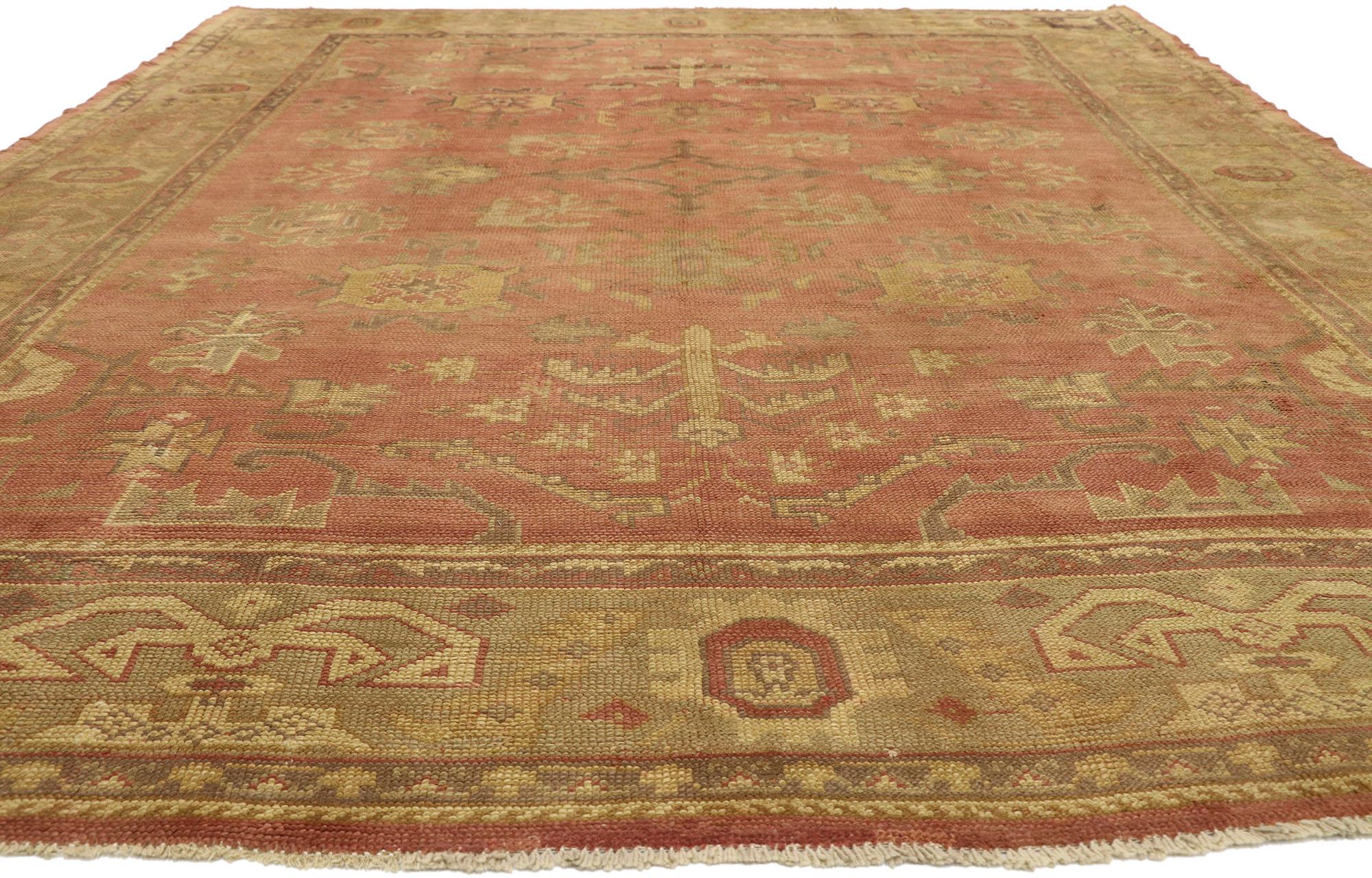 Hand-Knotted Antique Turkish Oushak Rug with Rustic Belgian Arts and Crafts Style For Sale