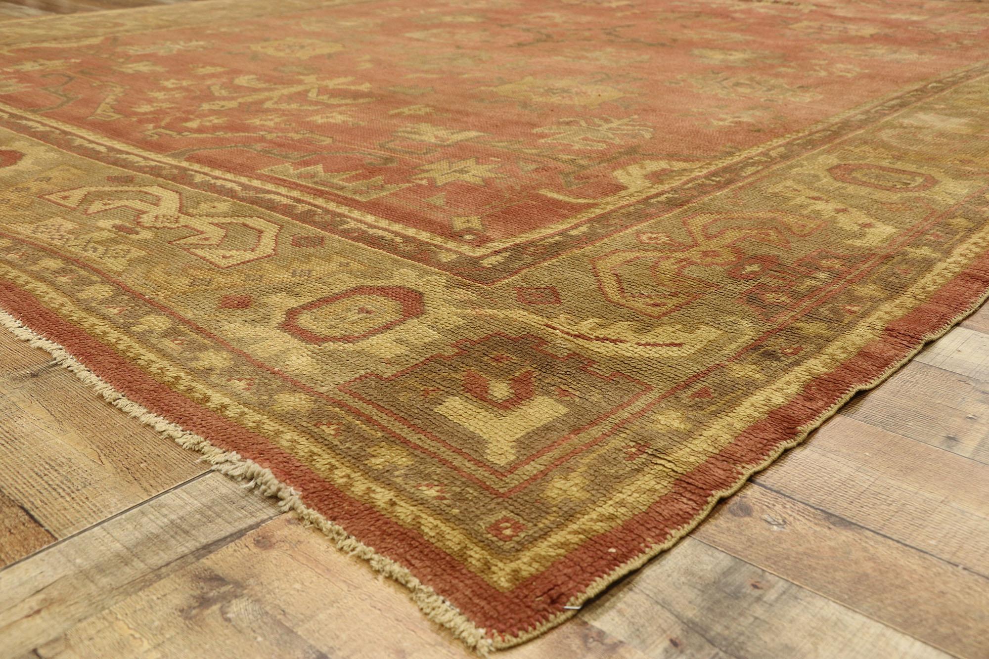 Wool Antique Turkish Oushak Rug with Rustic Belgian Arts and Crafts Style For Sale