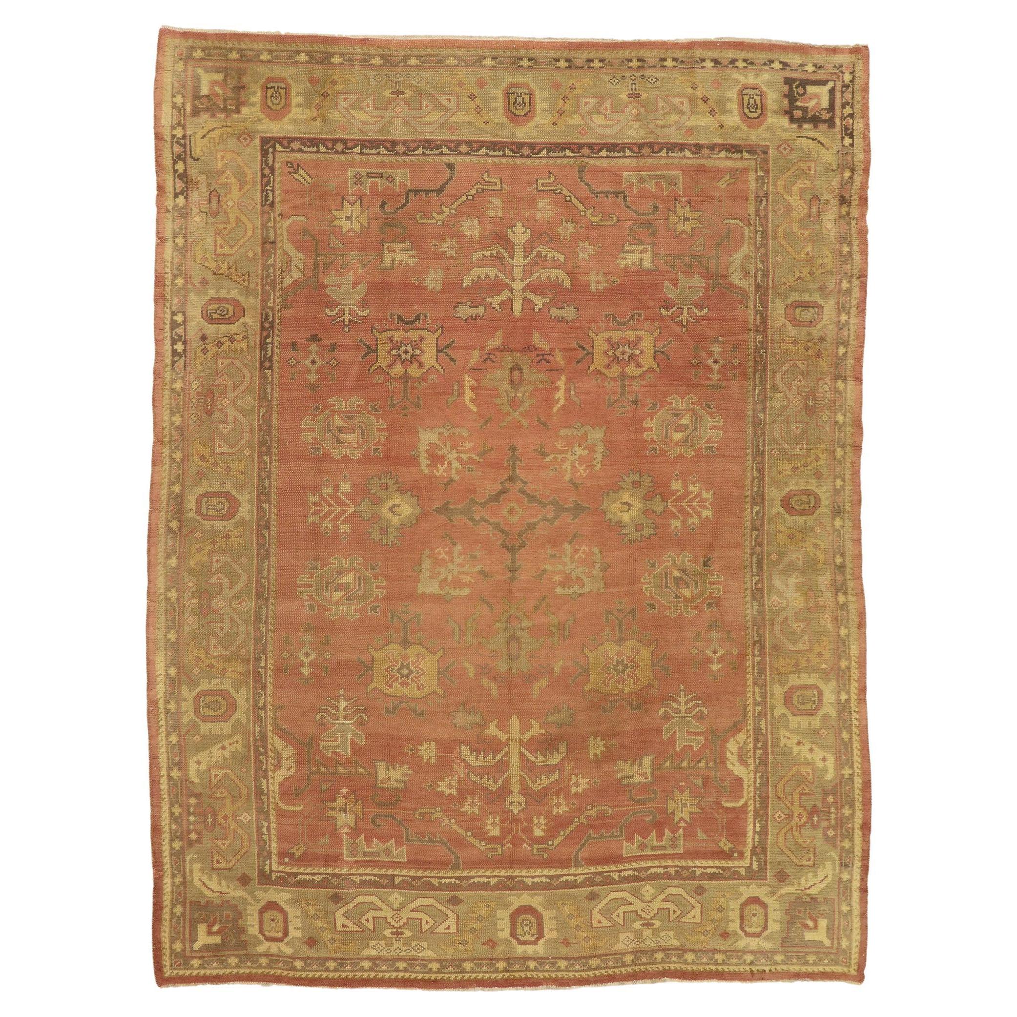 Antique Turkish Oushak Rug with Rustic Belgian Arts and Crafts Style For Sale