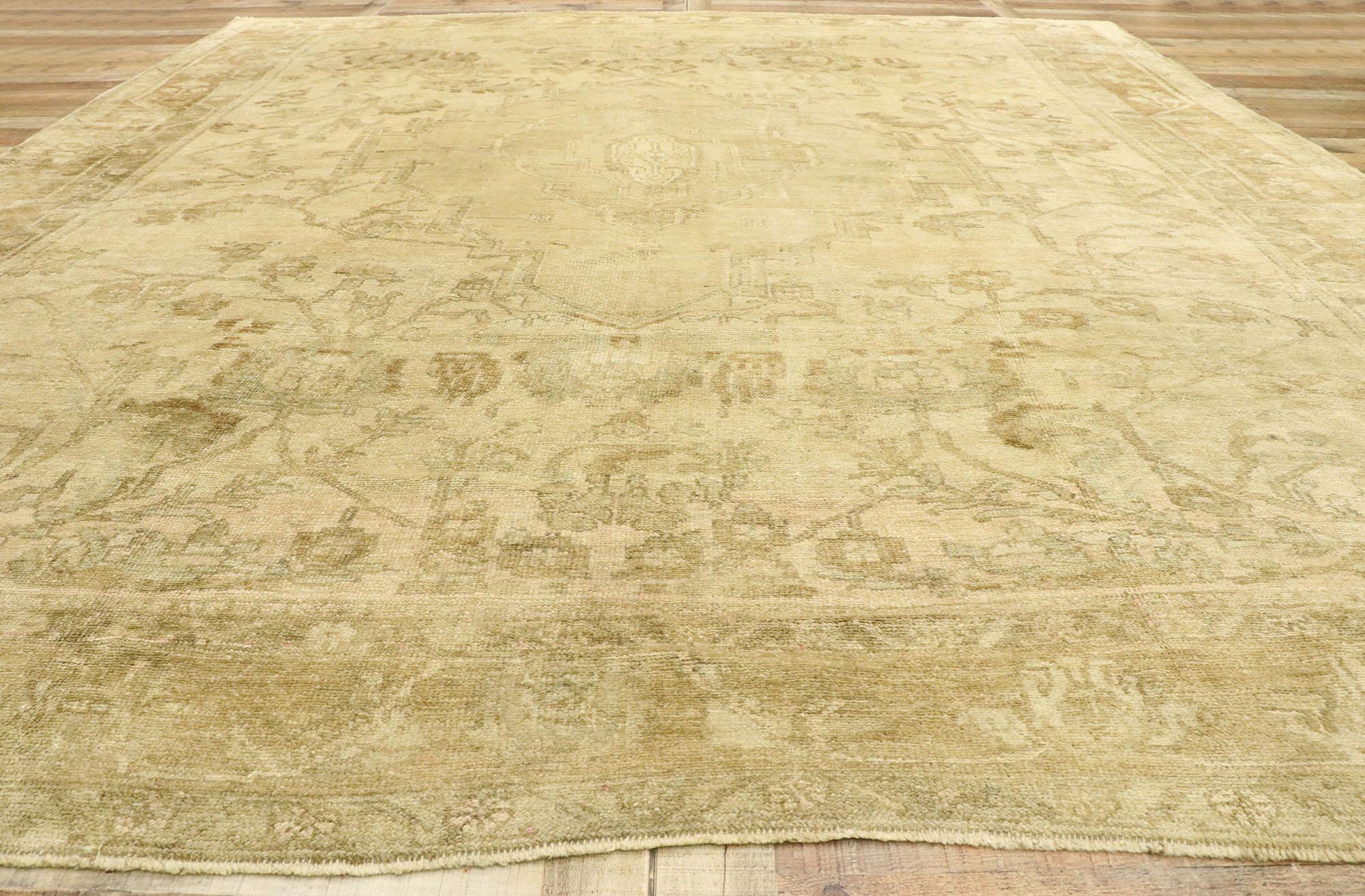 Wool Antique Turkish Oushak Rug with Rustic French Cottage Style For Sale