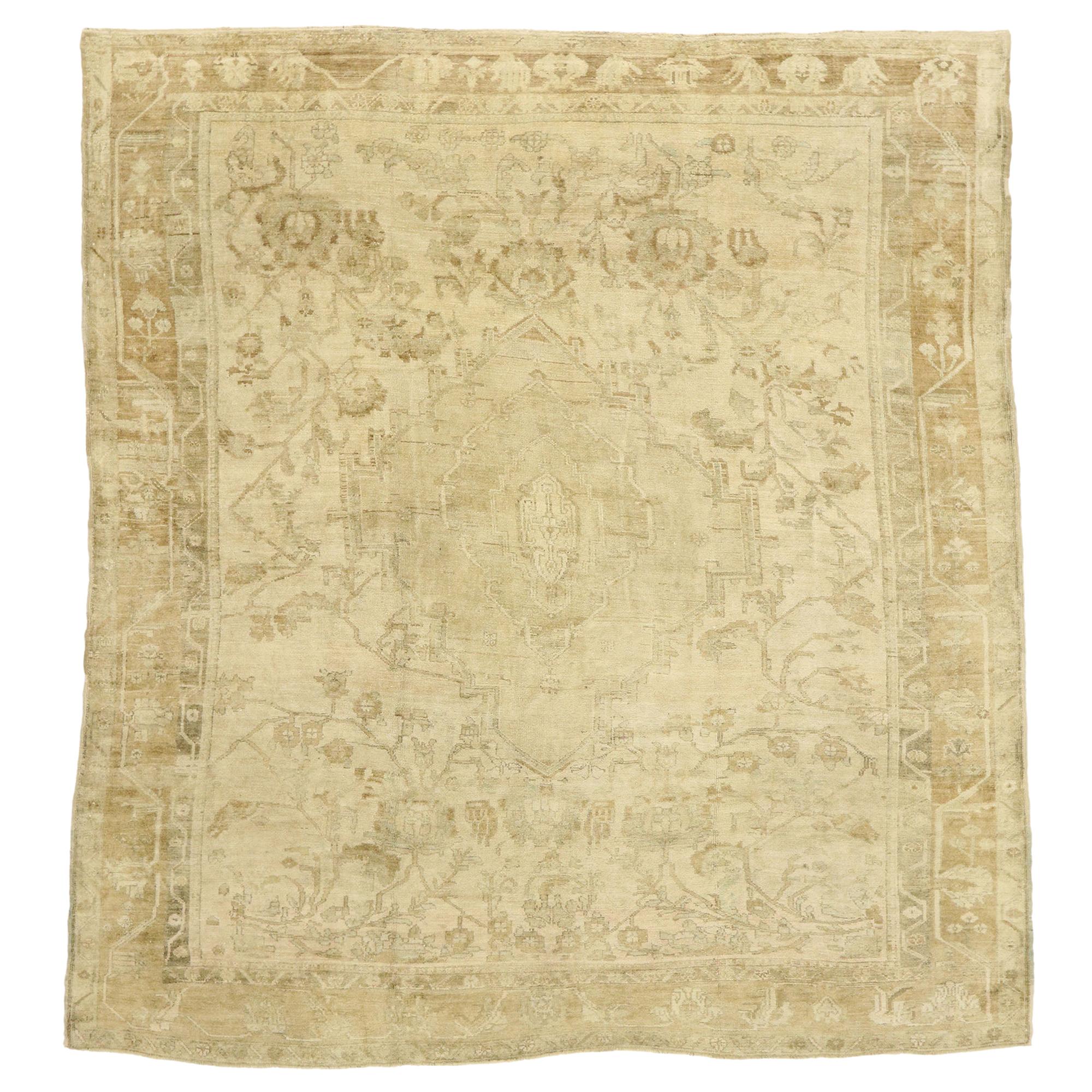 Antique Turkish Oushak Rug with Rustic French Cottage Style For Sale