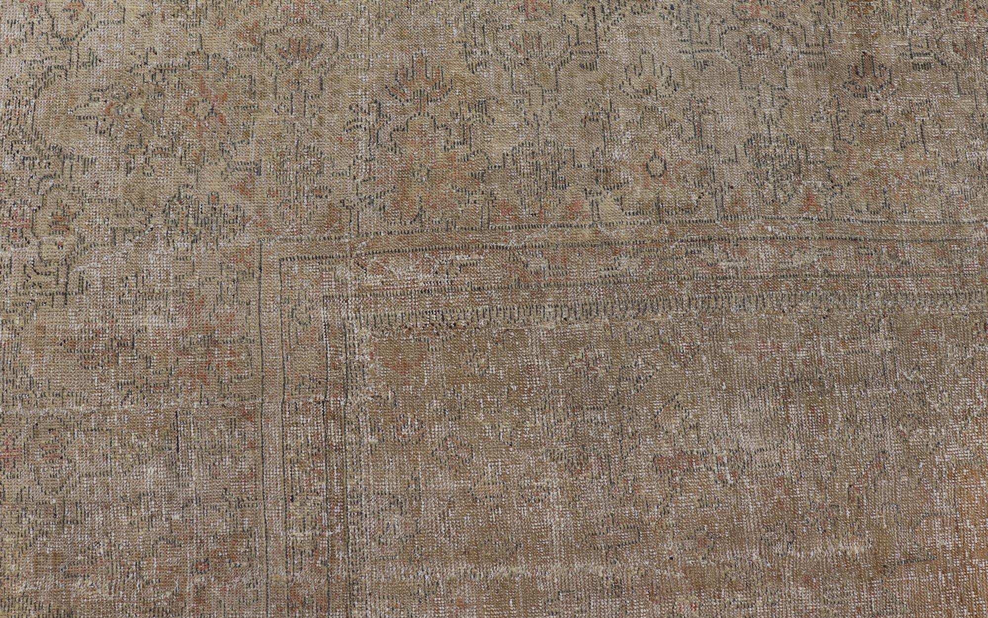Lana Tappeto antico turco Oushak con toni morbidi di cammello e grigio scuro 12'0 x 18'5 in vendita