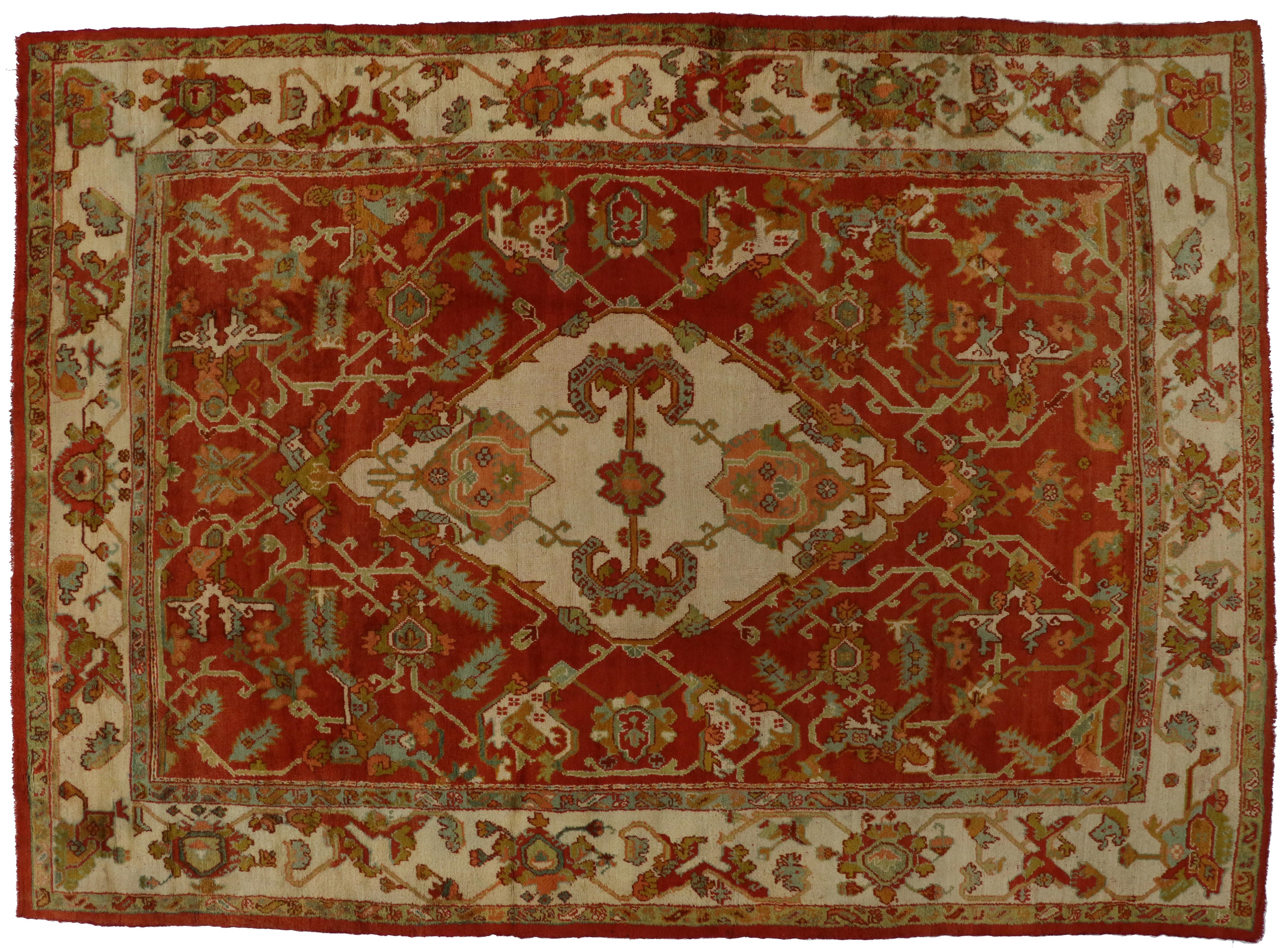 Hand-Knotted Antique Turkish Oushak Rug with Traditional Modern Style For Sale