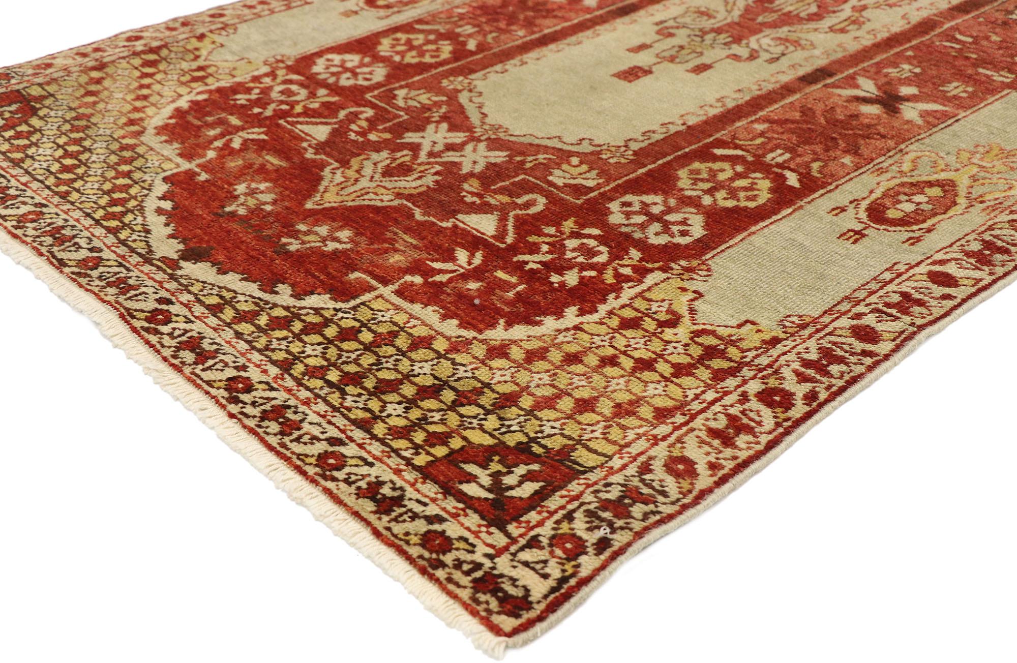 74047 Antique Turkish Oushak rug with Traditional style. Sophisticated and refined with a French Victorian style, this hand knotted wool antique Turkish Oushak rug charms with ease. The abrashed cut-out features a botanical medallion surrounded with