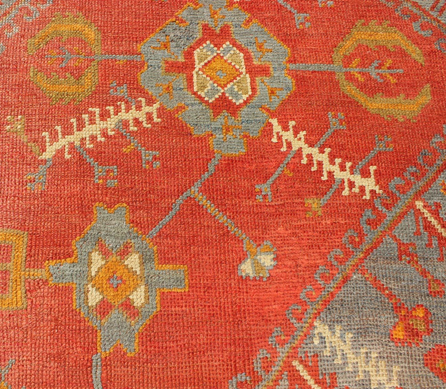 Antique Turkish Oushak Rug with Tribal Medallion Design in Terracotta and Blue For Sale 5