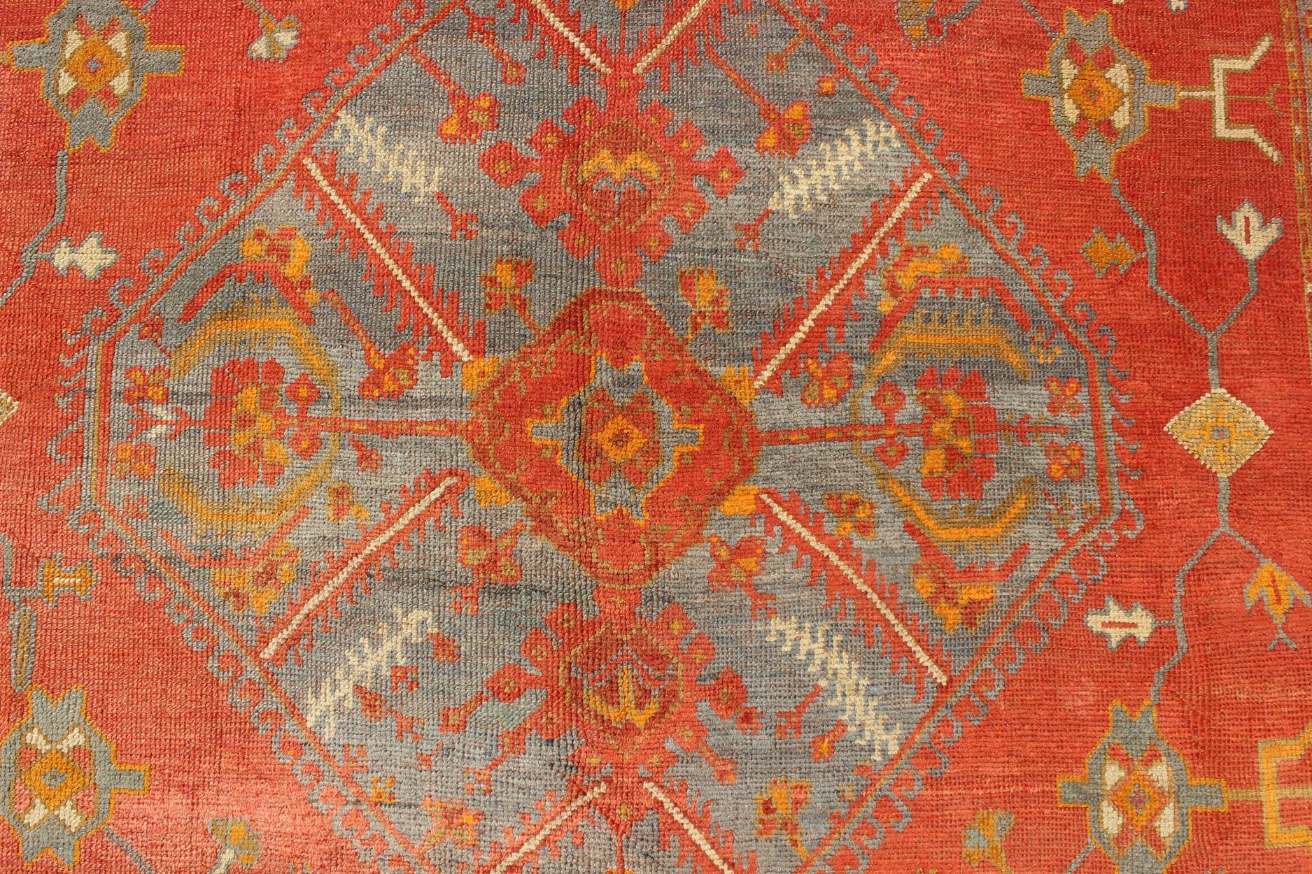 Antique Turkish Oushak Rug with Tribal Medallion Design in Terracotta and Blue For Sale 3