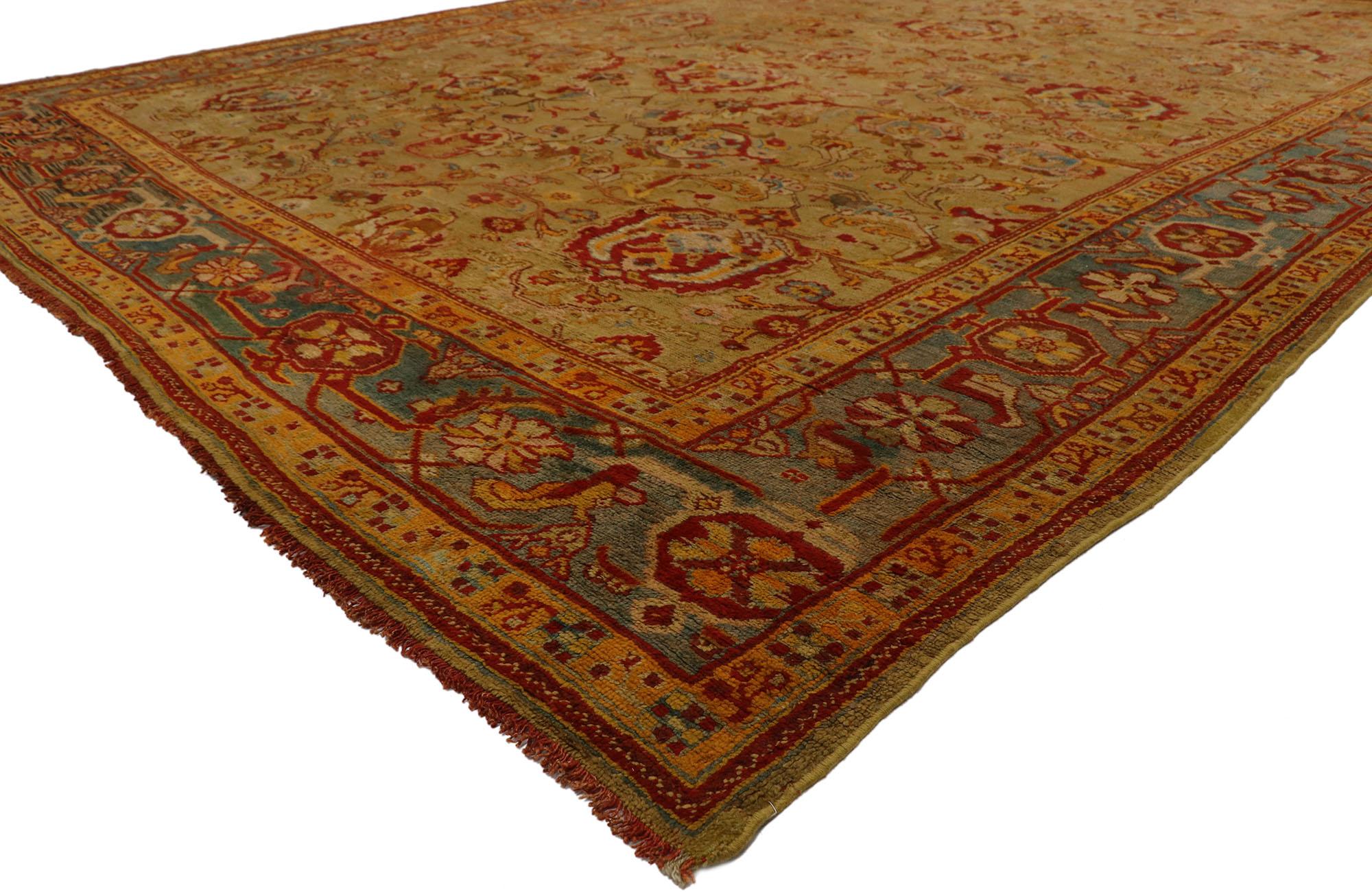 Hand-Knotted Oversized Antique Turkish Oushak Rug, Rustic Charm Meets Mediterranean Style For Sale