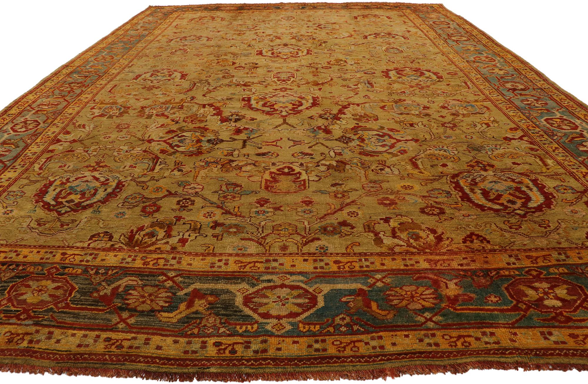 Oversized Antique Turkish Oushak Rug, Rustic Charm Meets Mediterranean Style In Good Condition For Sale In Dallas, TX