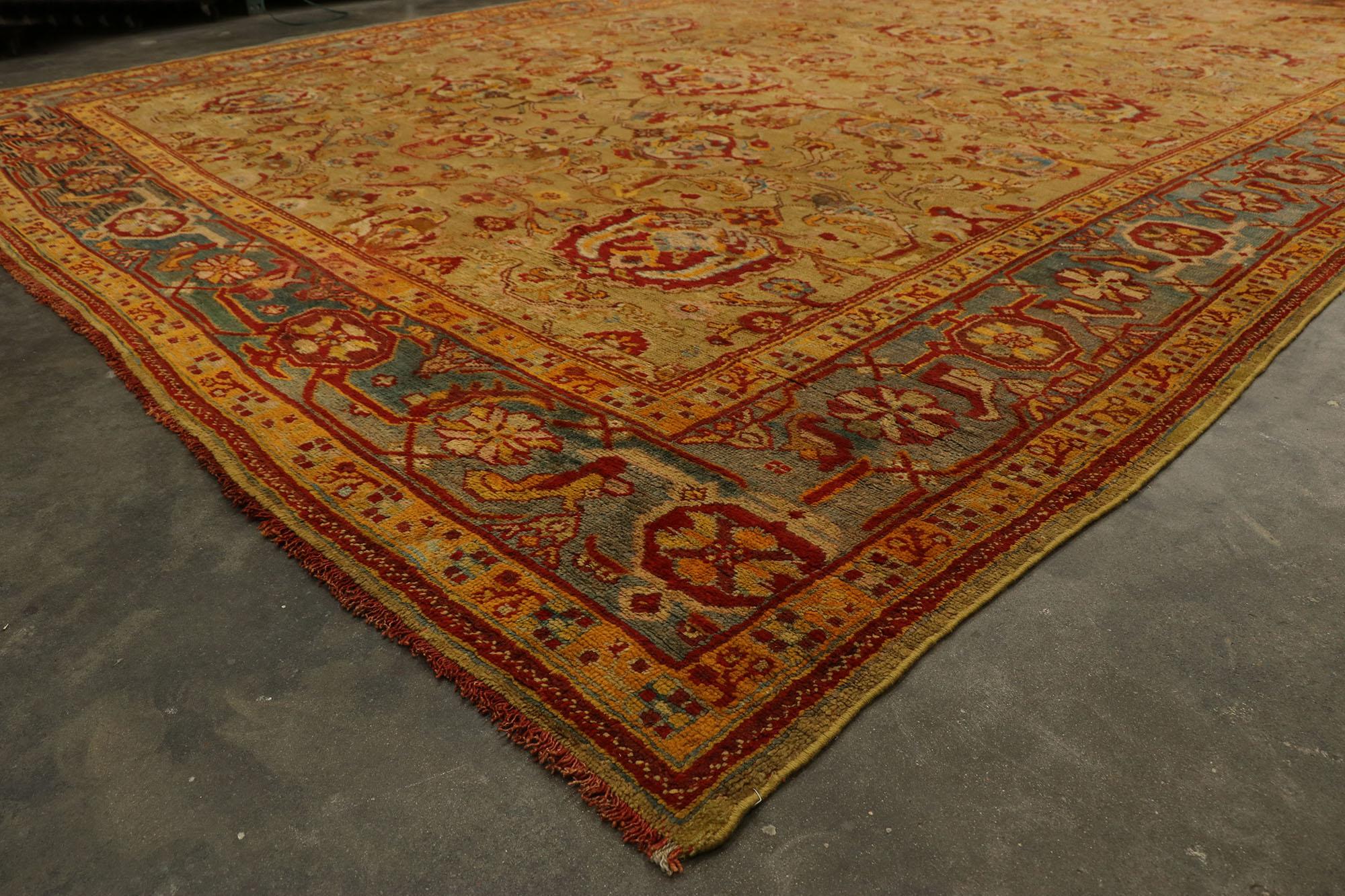 Oversized Antique Turkish Oushak Rug, Rustic Charm Meets Mediterranean Style For Sale 1