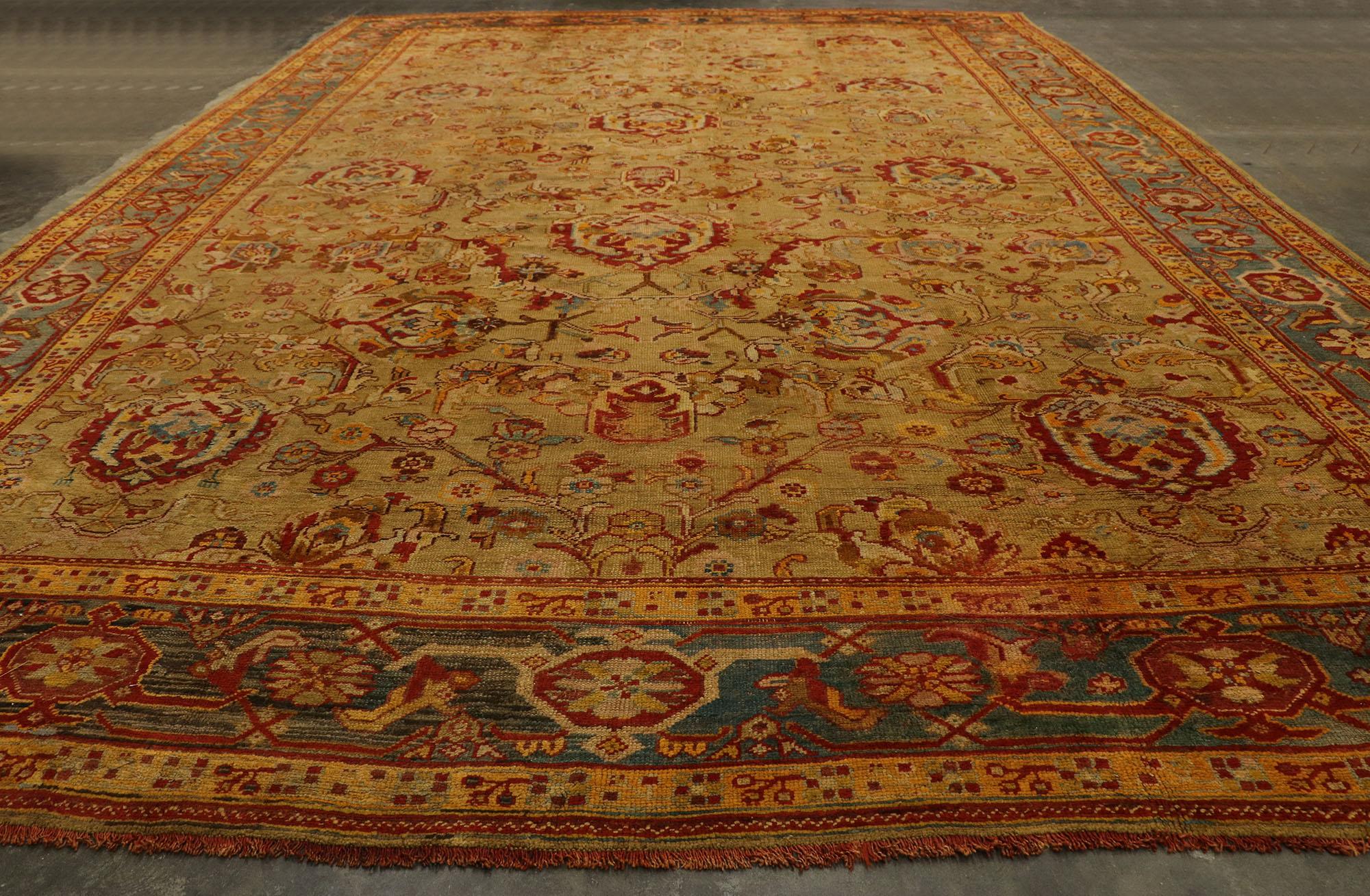 Oversized Antique Turkish Oushak Rug, Rustic Charm Meets Mediterranean Style For Sale 2