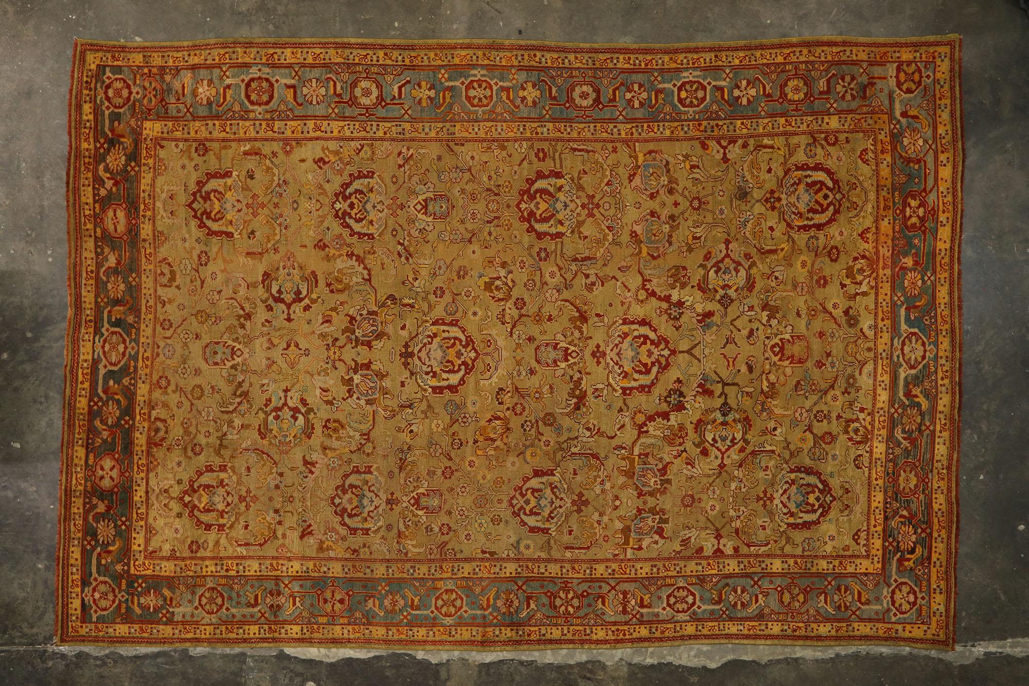 Oversized Antique Turkish Oushak Rug, Rustic Charm Meets Mediterranean Style For Sale 3