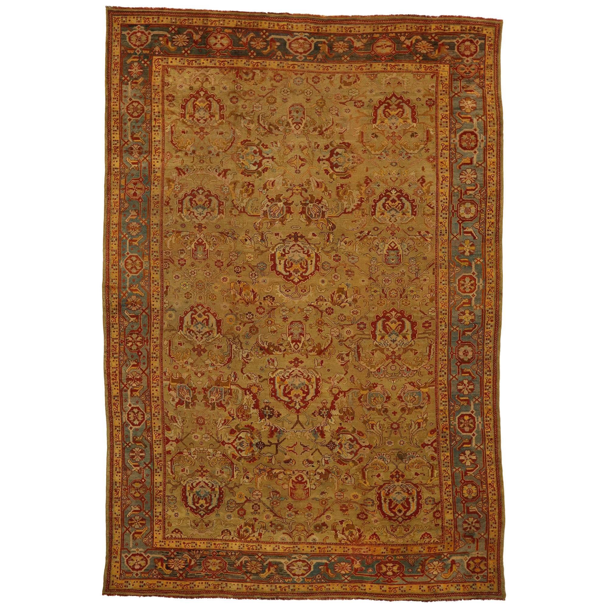 Oversized Antique Turkish Oushak Rug, Rustic Charm Meets Mediterranean Style For Sale