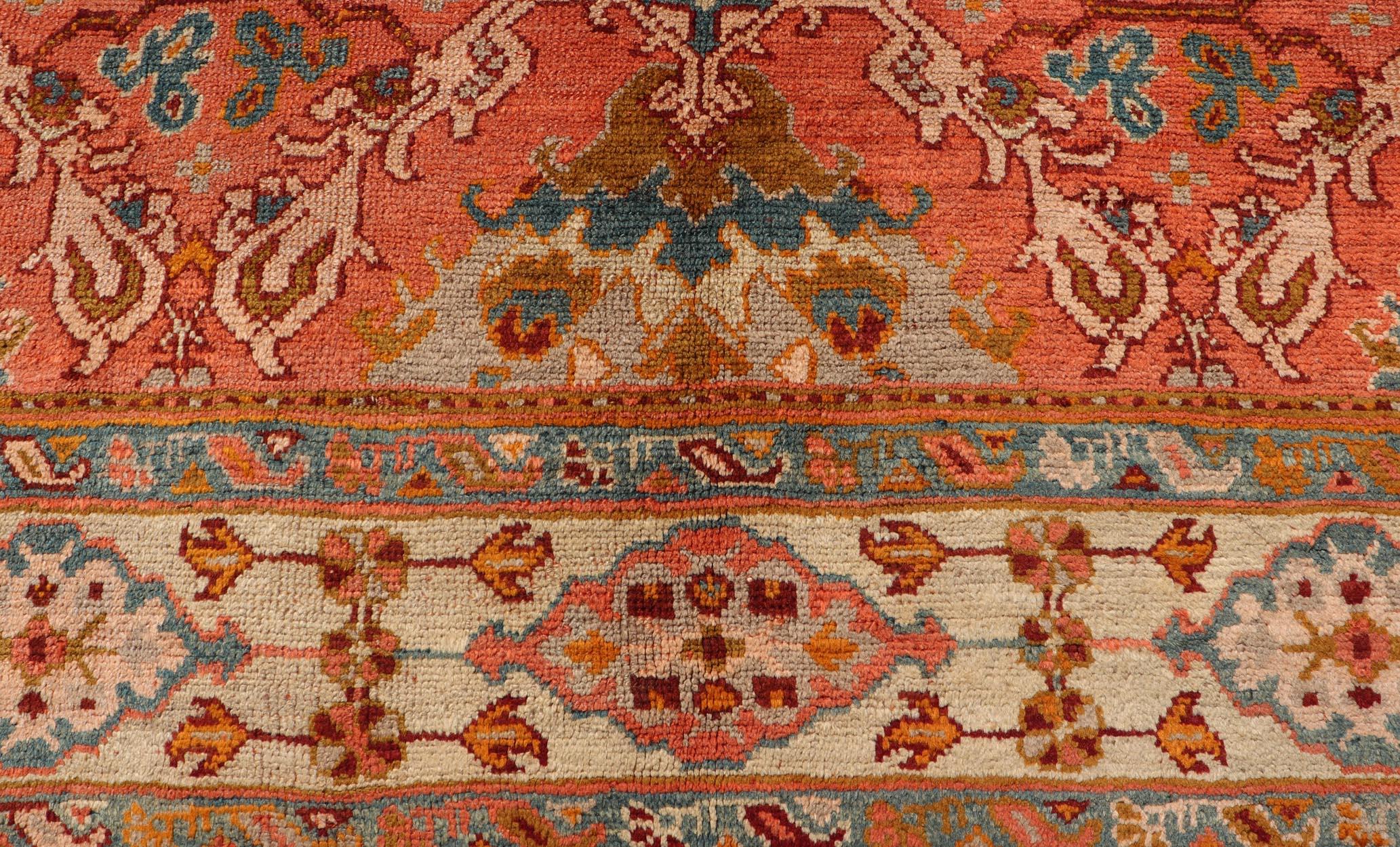 Antiker türkischer Oushak-Teppich mit warmen Korallen-, Elfenbein- und Teal-Akzenten 10'9 x 14'7 im Angebot 3