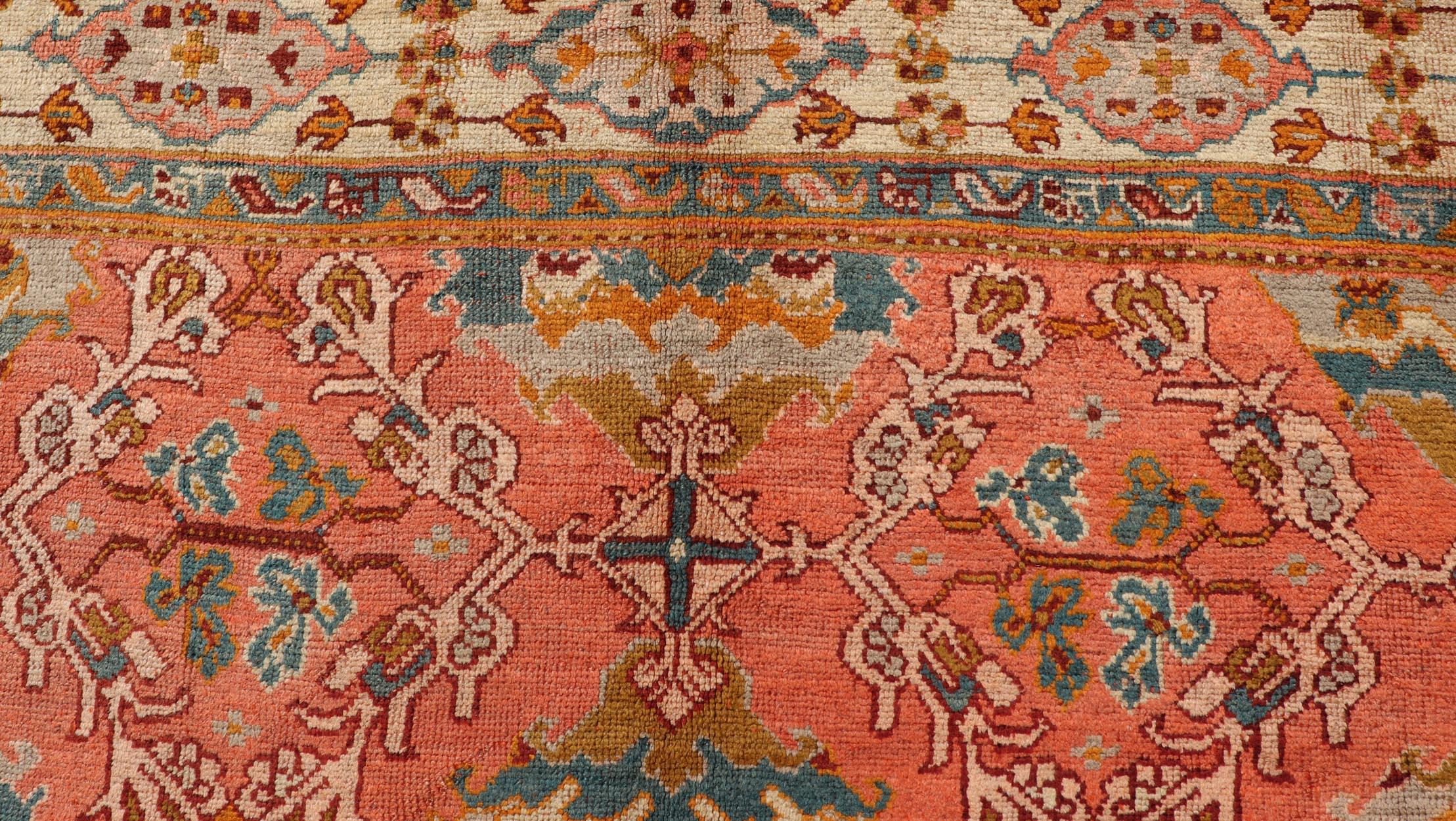 Antiker türkischer Oushak-Teppich mit warmen Korallen-, Elfenbein- und Teal-Akzenten 10'9 x 14'7 im Angebot 6