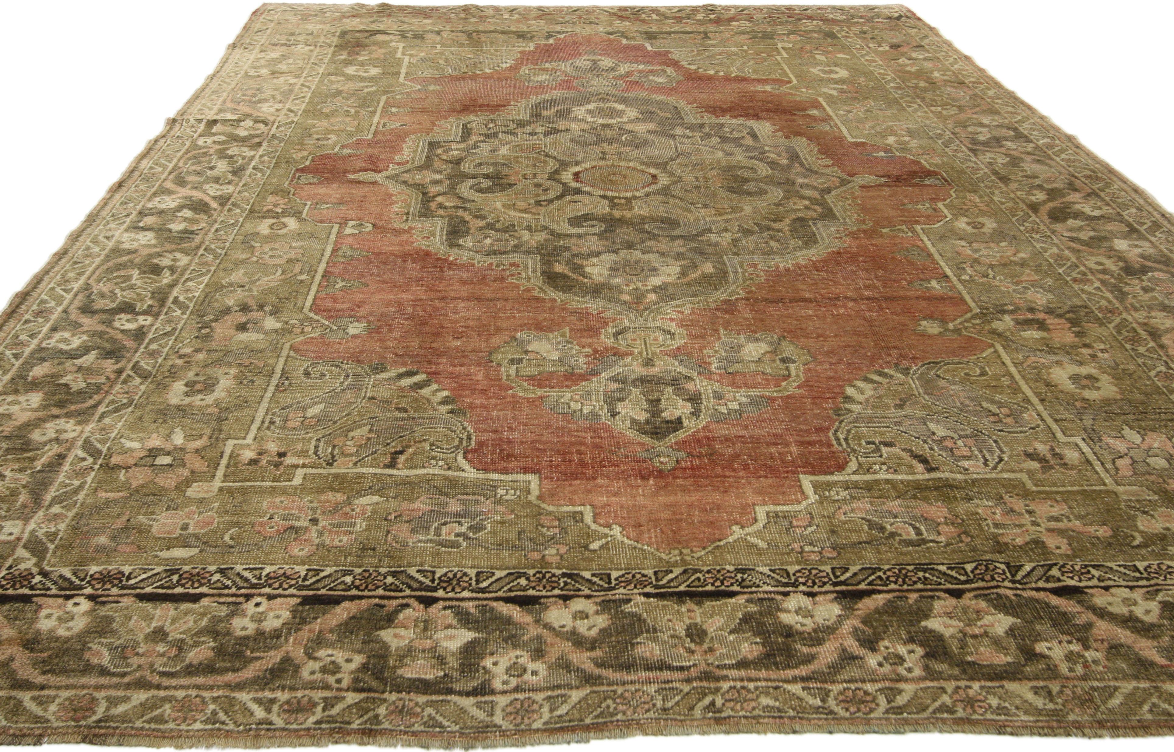 Hand-Knotted Antique Turkish Oushak Rug with Warm Rustic Artisan Style For Sale