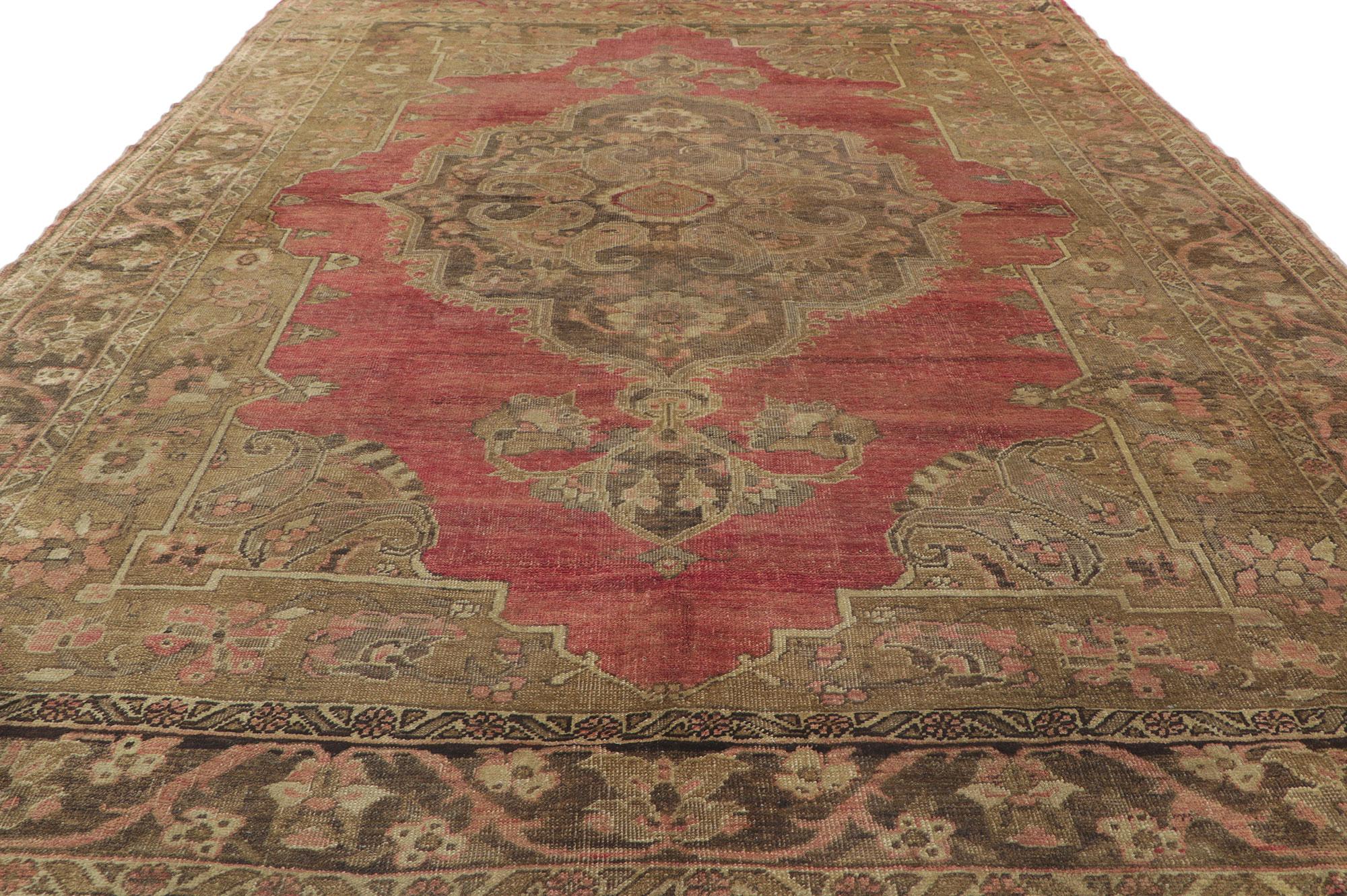 Alfombra turca Oushak vintage en tonos tierra Anudado a mano en venta