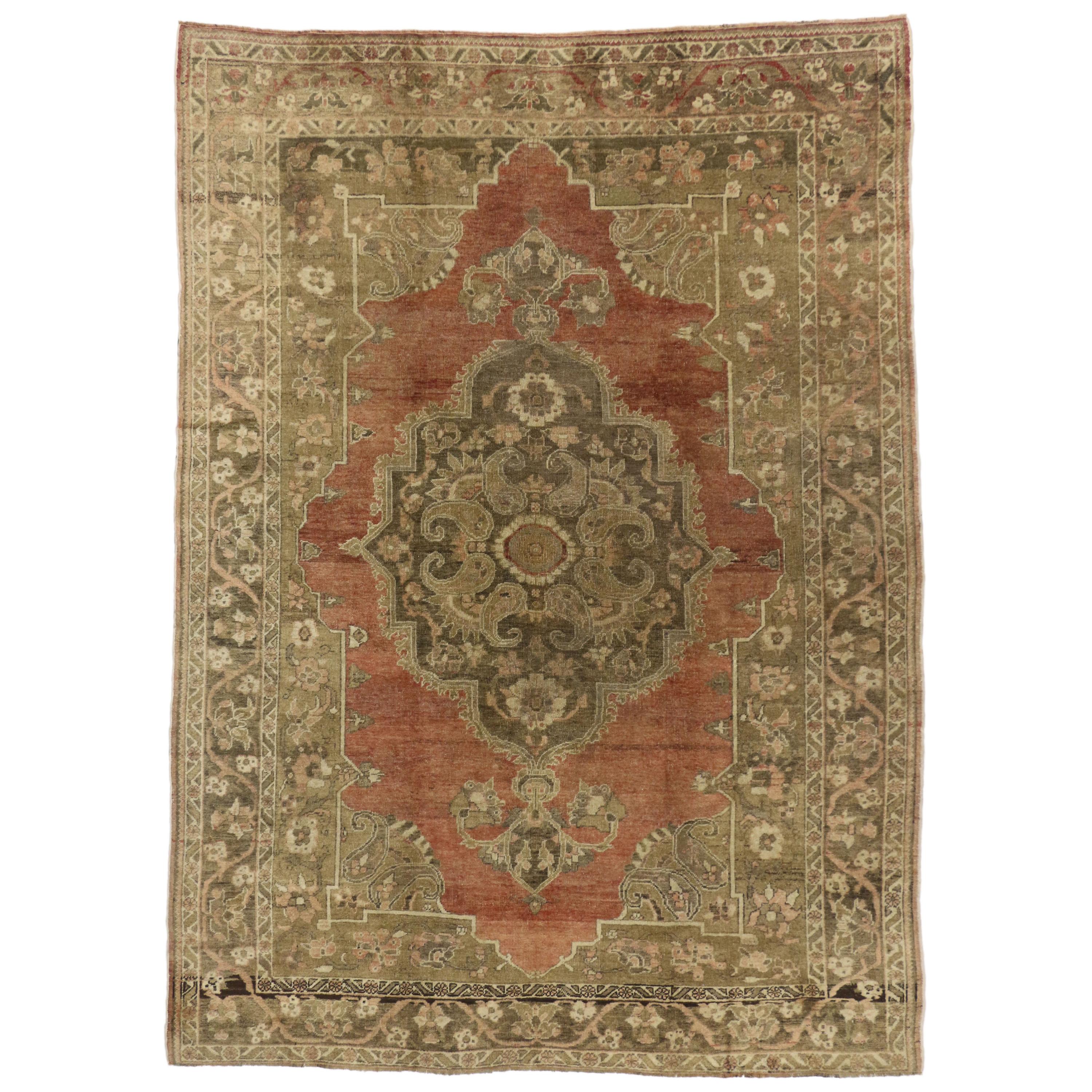 Antique Turkish Oushak Rug with Warm Rustic Artisan Style For Sale