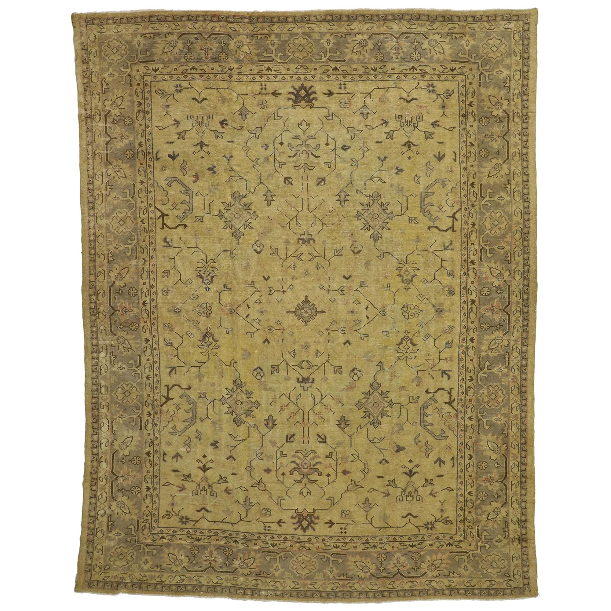 Ancien tapis turc Oushak au style toscan chaleureux