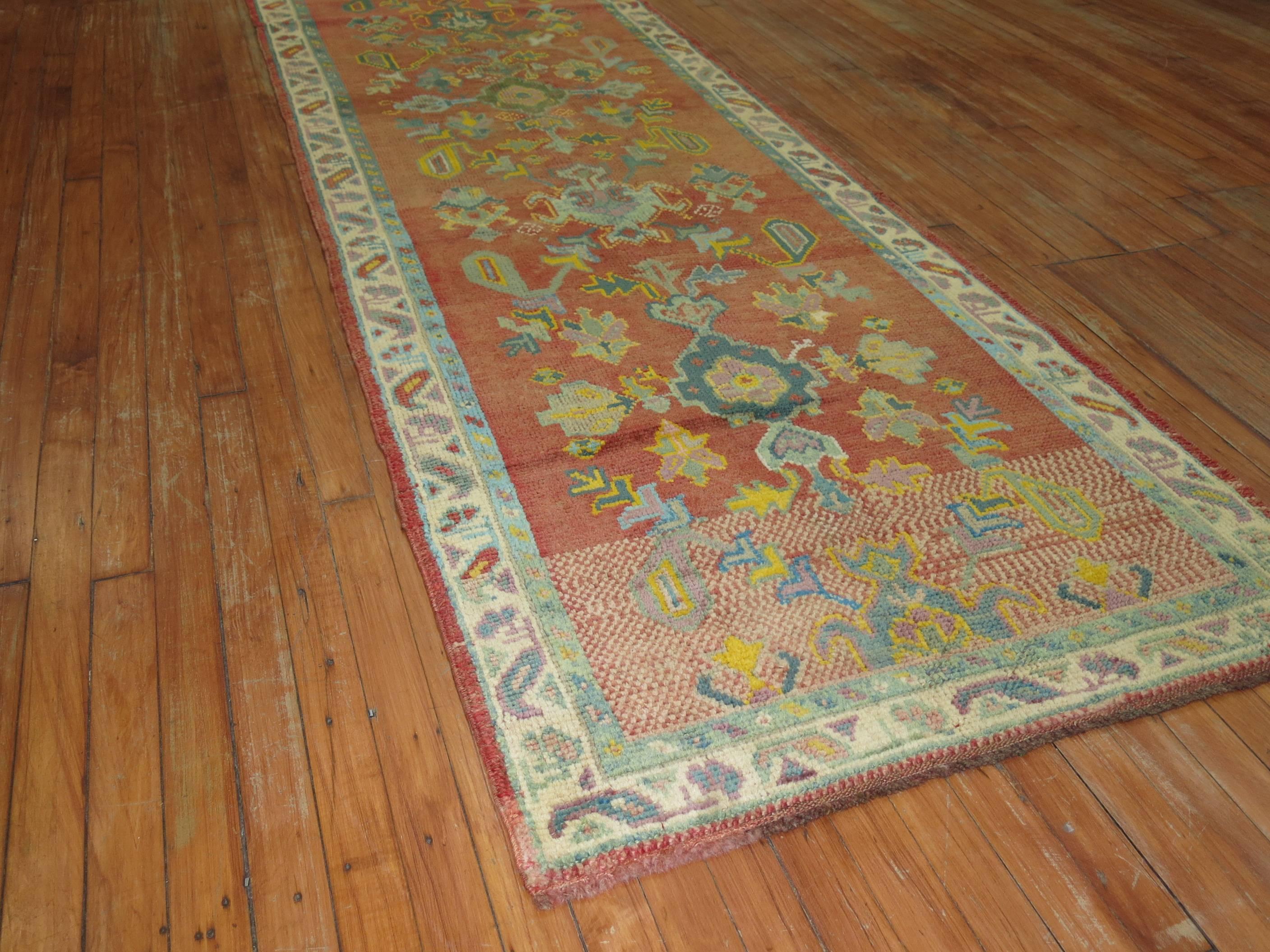 Colorful one of a kind antique Turkish oushak runner.

Measures: 3'2'' x 12'10''.