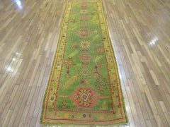 Antique Hand Knotted Wool Green Turkish Oushak Runner Rug