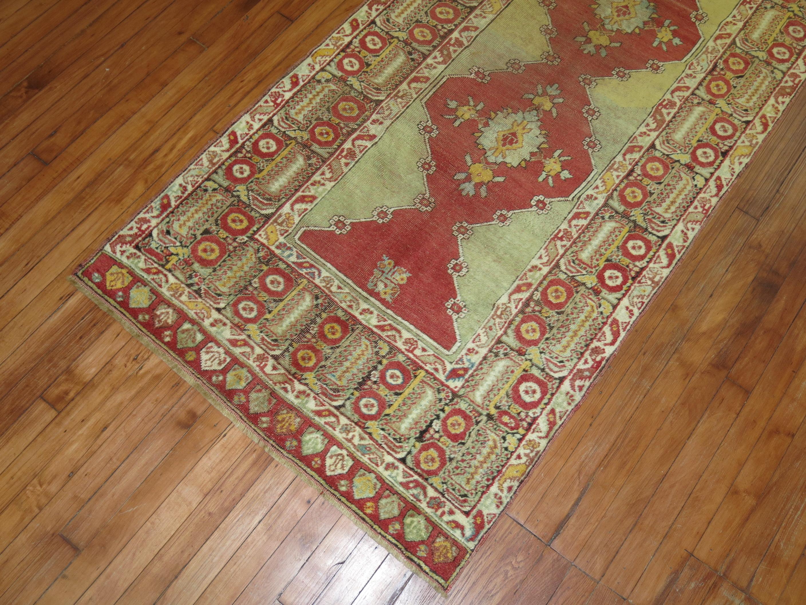Spanish Colonial Zabihi Collection Early 20th Century Soft Green Antique Turkish  Runner For Sale
