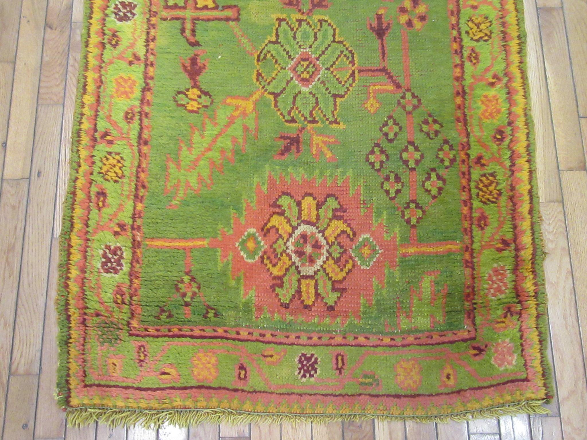 Hand-Knotted Antique Hand Knotted Wool Green Turkish Oushak Runner Rug For Sale