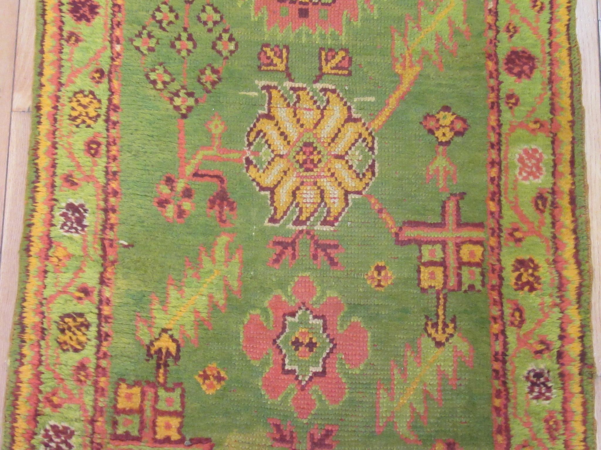 Antique Hand Knotted Wool Green Turkish Oushak Runner Rug In Good Condition For Sale In Atlanta, GA