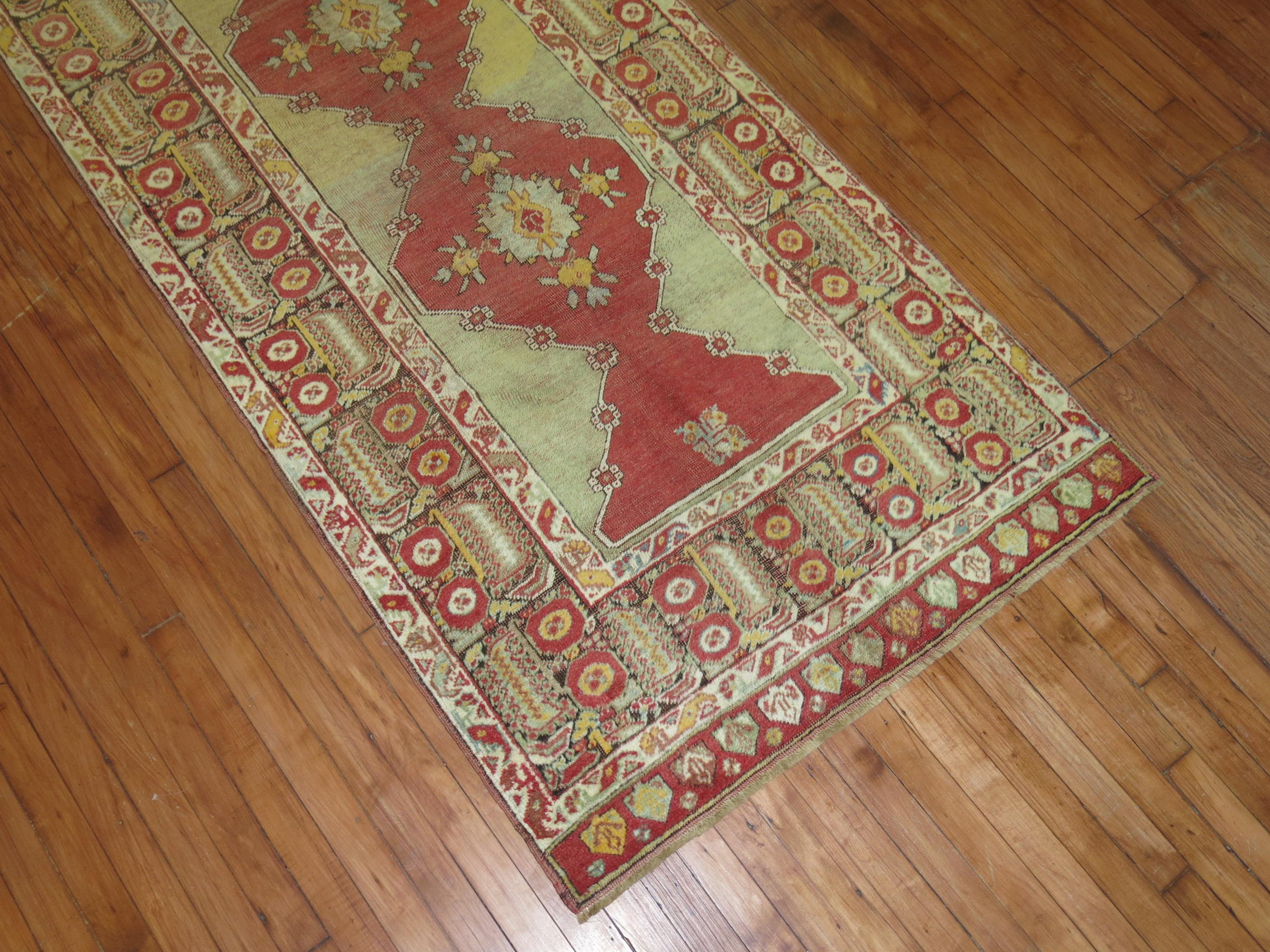Zabihi Collection Early 20th Century Soft Green Antique Turkish  Runner In Good Condition For Sale In New York, NY